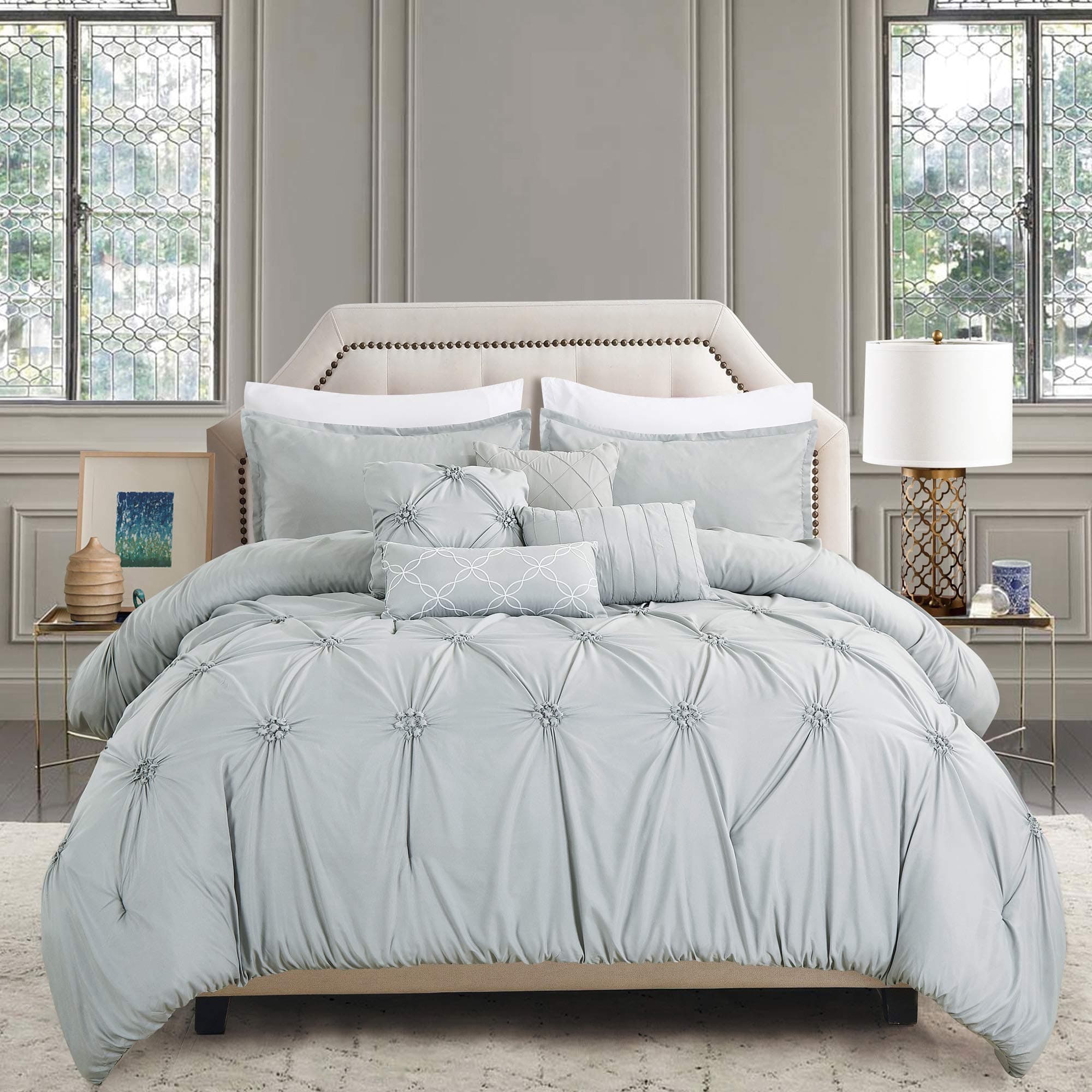 Sapphire Home Luxury 7 Piece Full/Queen Comforter Set with Shams Cushions, Unique Pinch Pleat Pintuck Style, All Season Comforter, Bed Cover Bed in a Bag, (21921, Queen, Gray)