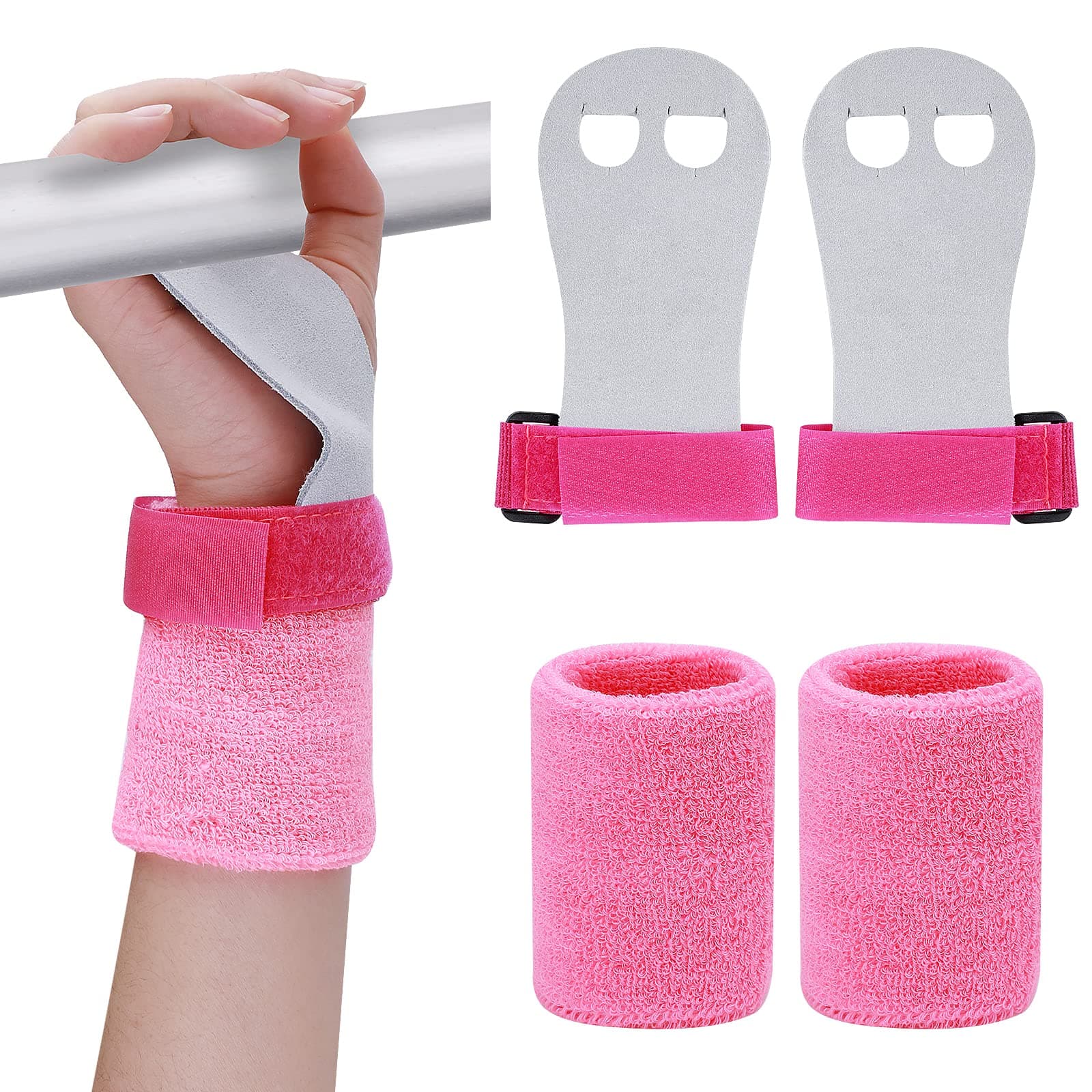 Abeillo 2 Gymnastics Grips Wristbands Sets for Girls Youth Kids, Pink Gymnastic Hand Grips Gymnastic Bar Palm Protection and Wrist Support Sports Accessories for Kids Workout and Exercise (M)