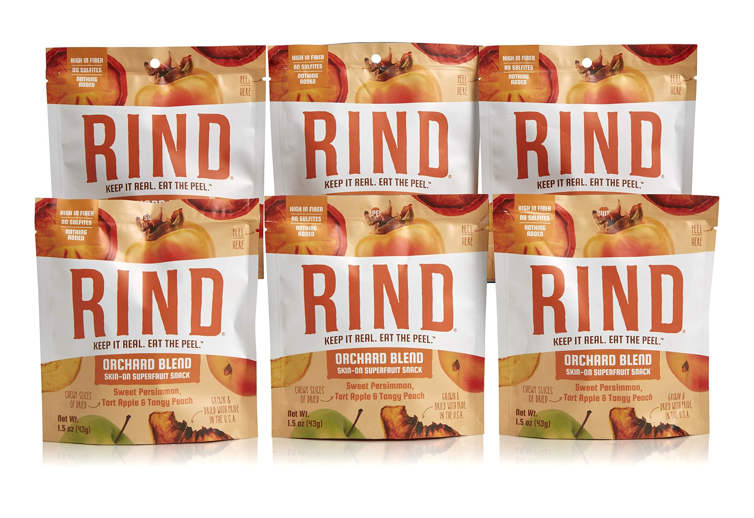 RIND Snacks Orchard Blend Sun-Dried Skin-On Superfruit Snack, Sweet Persimmon, Tart Apple, and Tangy Peach, High Fiber, No Sulfites, Antioxidants, Non-GMO, Gluten-Free, 1.5oz Single Serve, Pack of 6