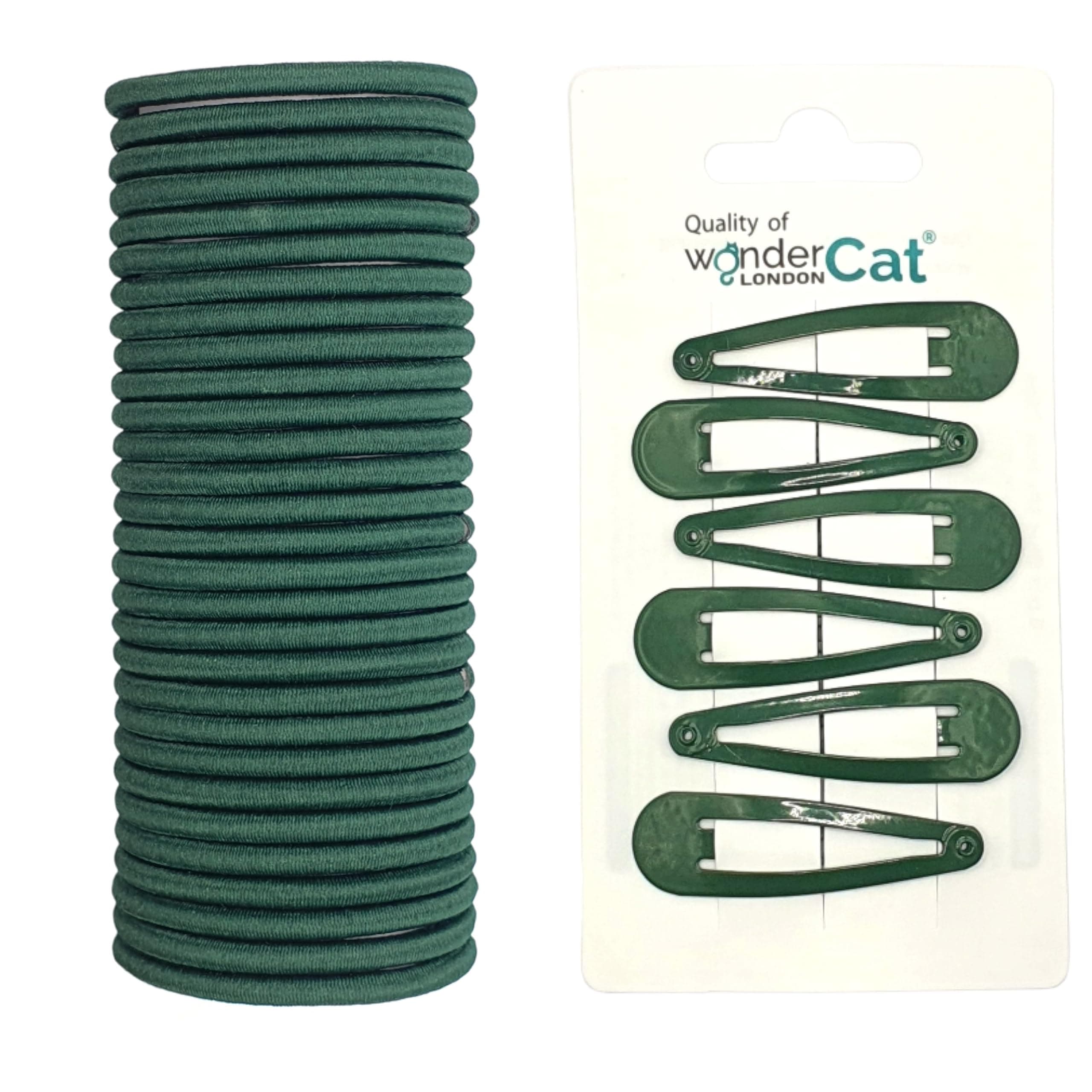 SET of 18 PCS School Elastics + Clips (12 PCS Hair Elastics bands +6 PCS Hair Snap Clips) 12 PCS 3mm Elastic Hair Ties Ponytail Holders Elastics for Women Girls Kids+ 6 pcs 5cm Snap clips (Dark Green)