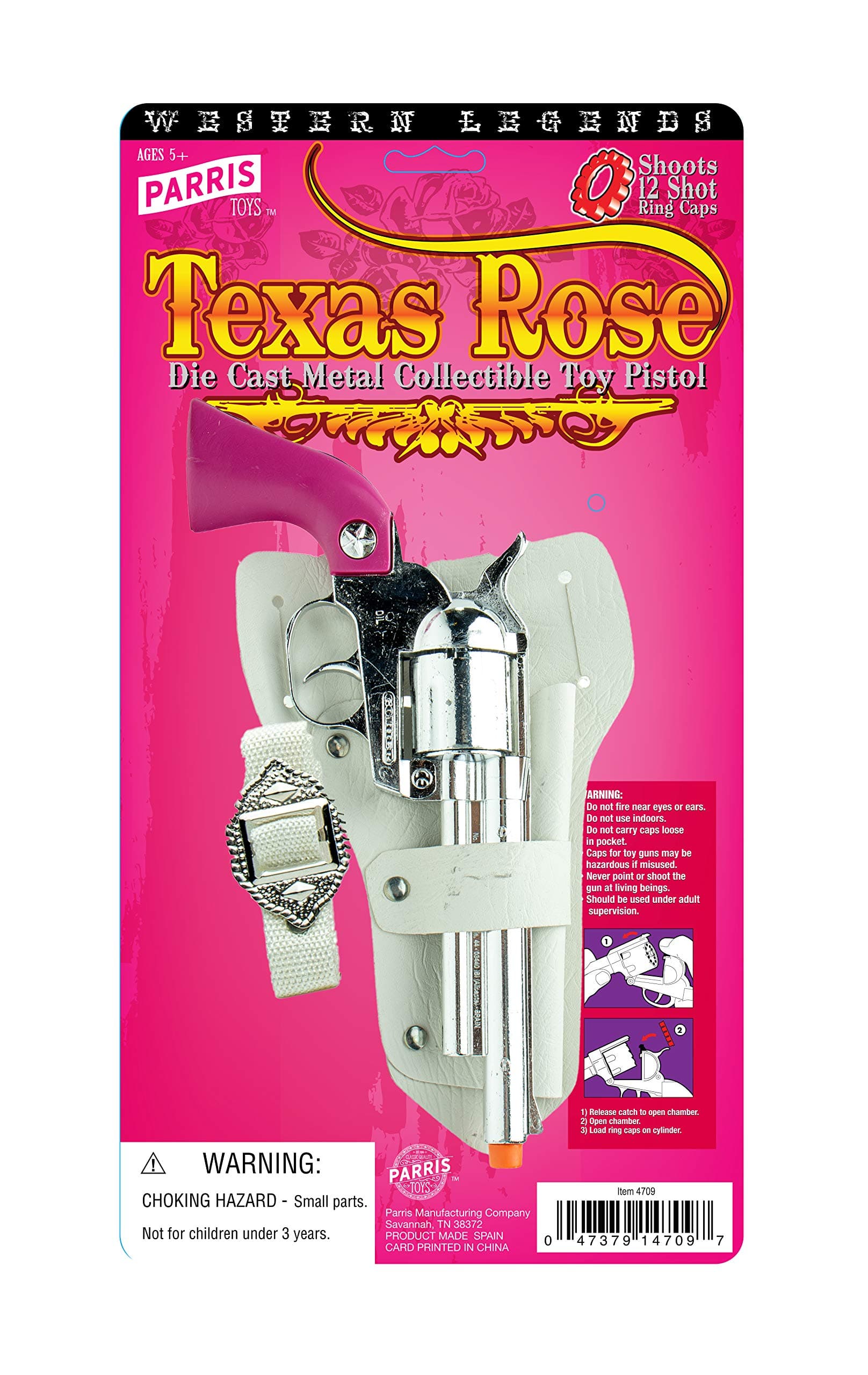 PARRIS CLASSIC QUALITY TOYS EST. 1936 - Texas Rose Pink Metal Cap Revolver, Authentic Wild West Replica,12 Shot Ring Cap Action, Solid Die-Cast Metal, for Collectors & Props, Orange Tip for Safety