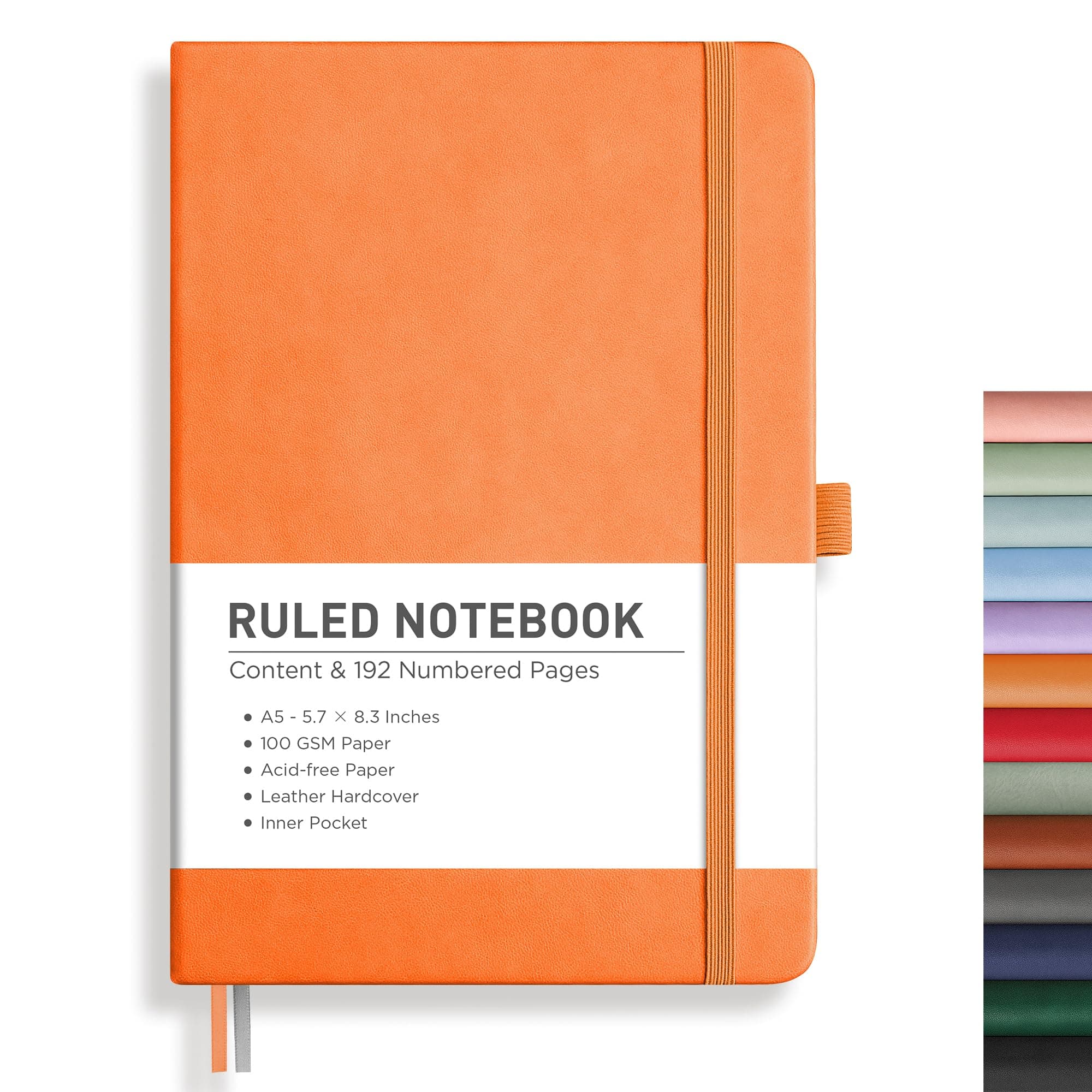 RETTACY Lined Journal Notebook, 192 Numbered Pages, A5 Medium Size (5.7'' x 8.3''), for Men & Women, Journaling, Writing, Work & Office, Leather Hardcover, 100 GSM Thick Paper (Orange)