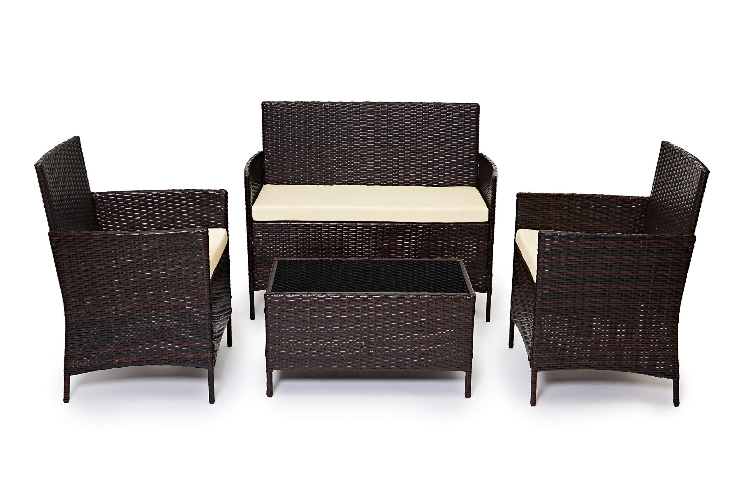Brown Rattan Garden Furniture Set Patio Conservatory Indoor Outdoor 4 Seater Piece Modular Sofa Loveseat Chair Glass Top Coffee Table with Cushions
