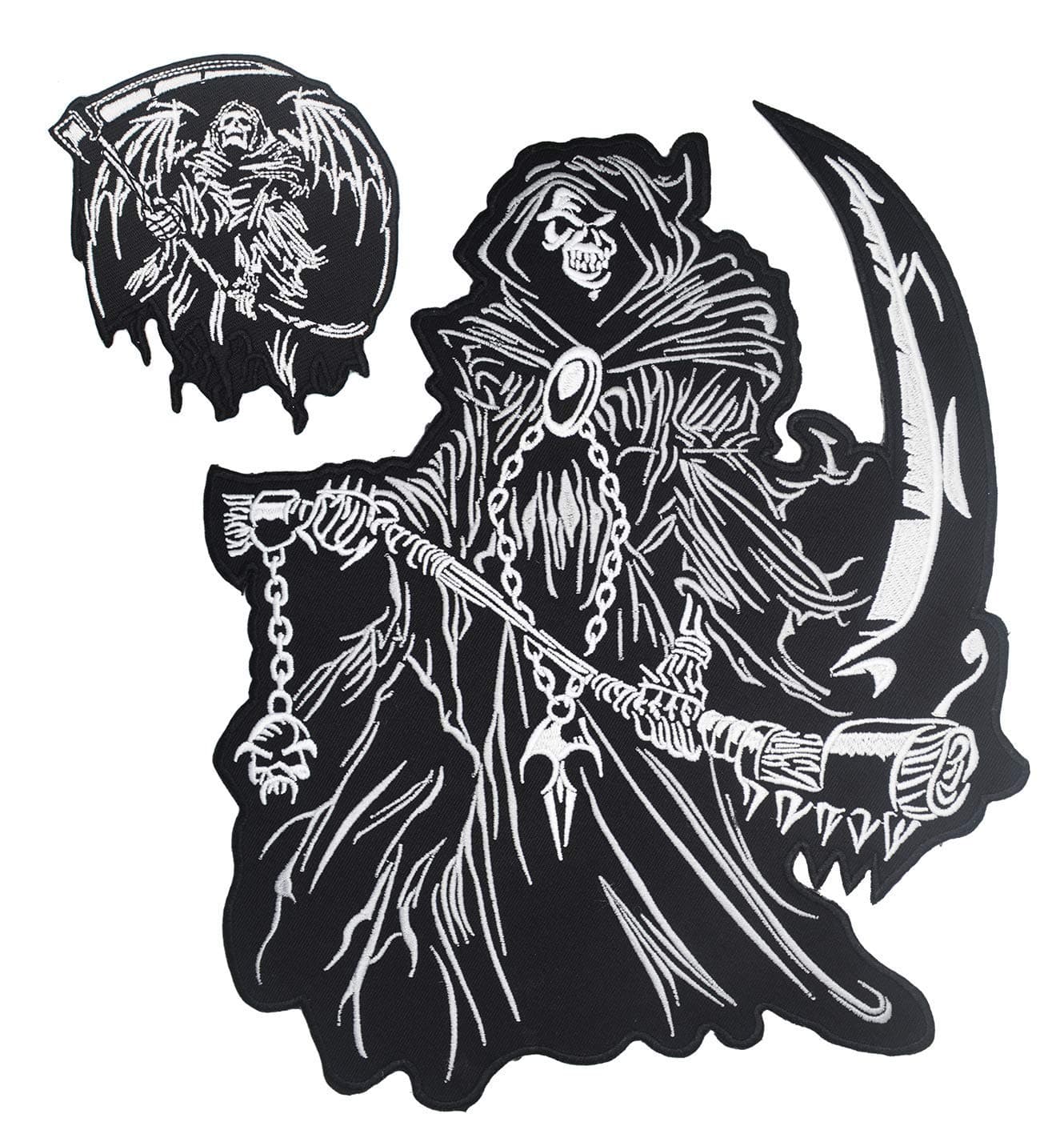 Grim Reaper god of Death Small & Large Skull Embroidered Biker Back Patches for Motorcycle Jacket & Vest (Set of 2)