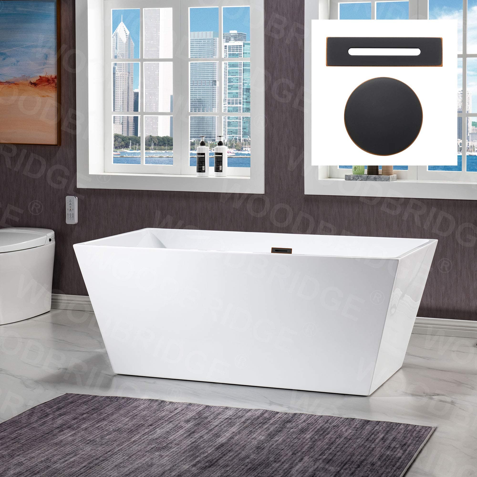WOODBRIDGE 59" Acrylic Freestanding Bathtub Contemporary Soaking White Tub with Matte Black Overflow and Drain，BTA1412-MB-Drain&O