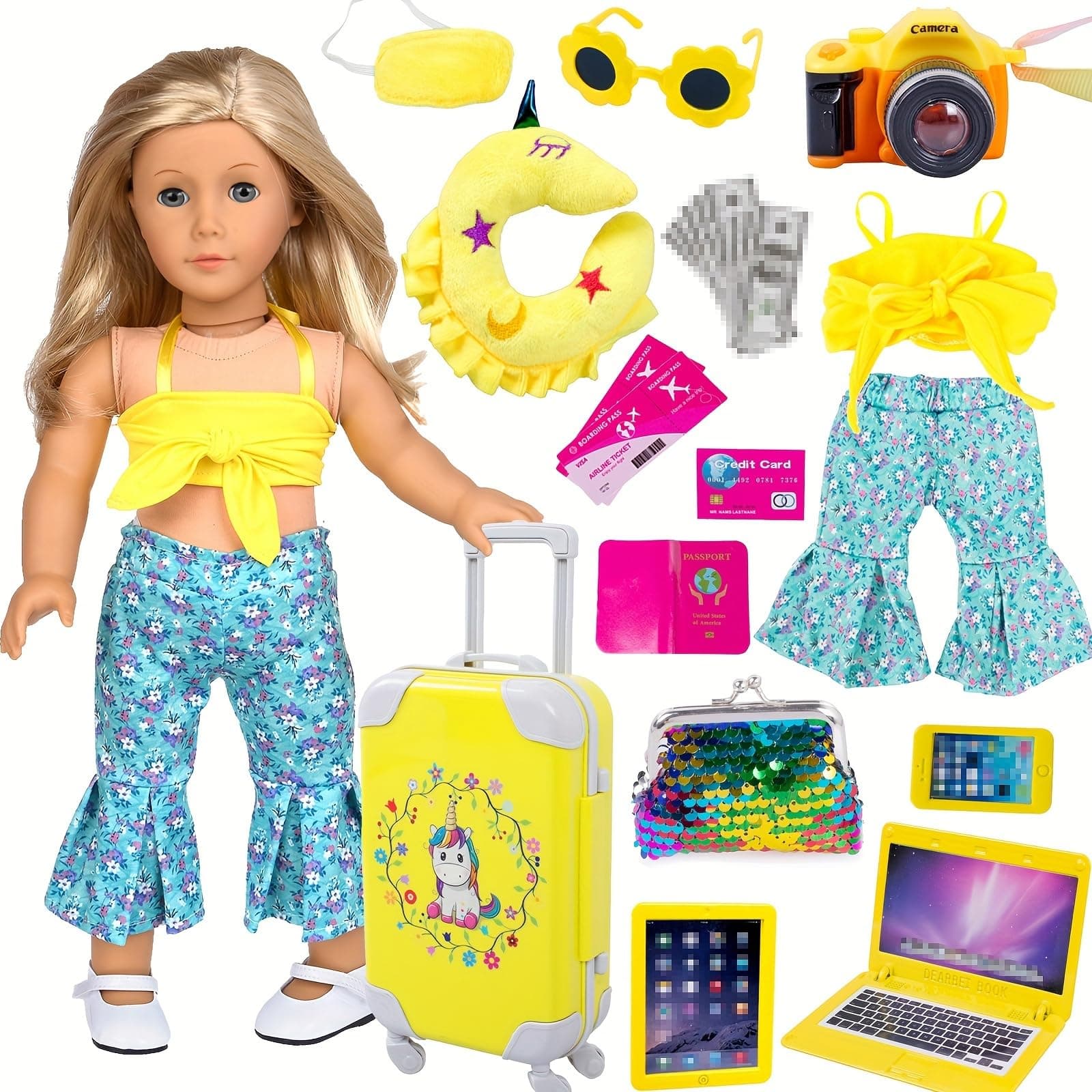 Doll Clothes and Accessories 18 Inch Doll Travel Set with Unicorn Printed Luggage Suitcase Fit for 18 inch Our Generation Doll,18 inch Girl Doll,Most 18 Inch Dolls(No Doll),Character Playset