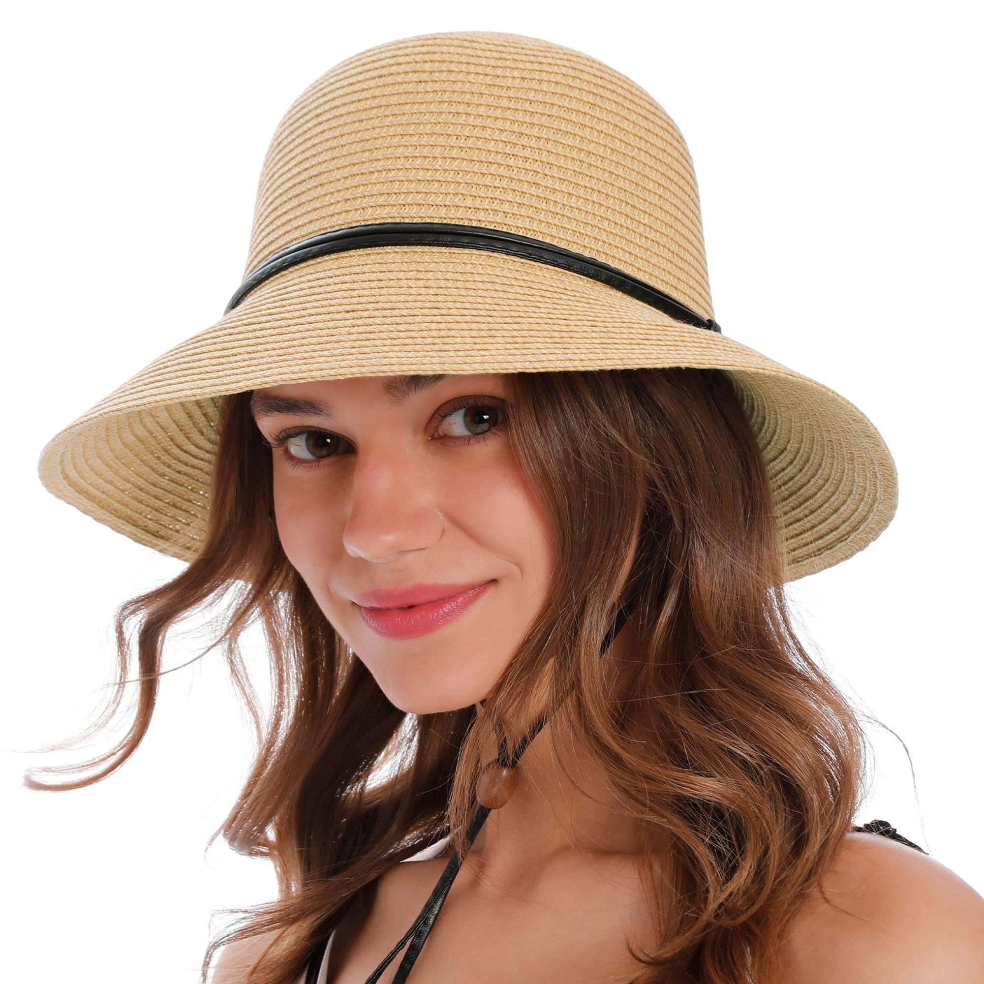 Women's UPF 50+ Wide Brim Braided Straw Sun Hat with Lanyard Natural-Brown