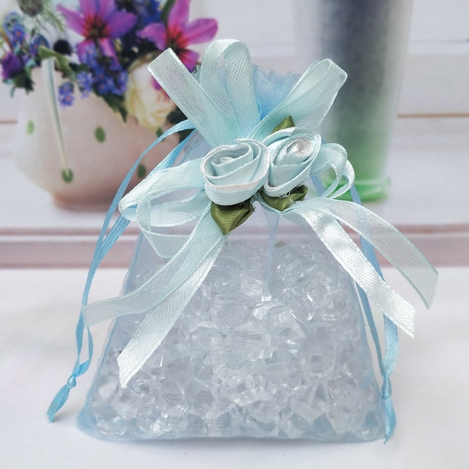 20 PCS 14x20cm Bow Tie Organza Gift Bags,Organza Jewelry Sweets Pouches Wrap Drawstring Bags for Wedding Party Christmas(Light Blue)