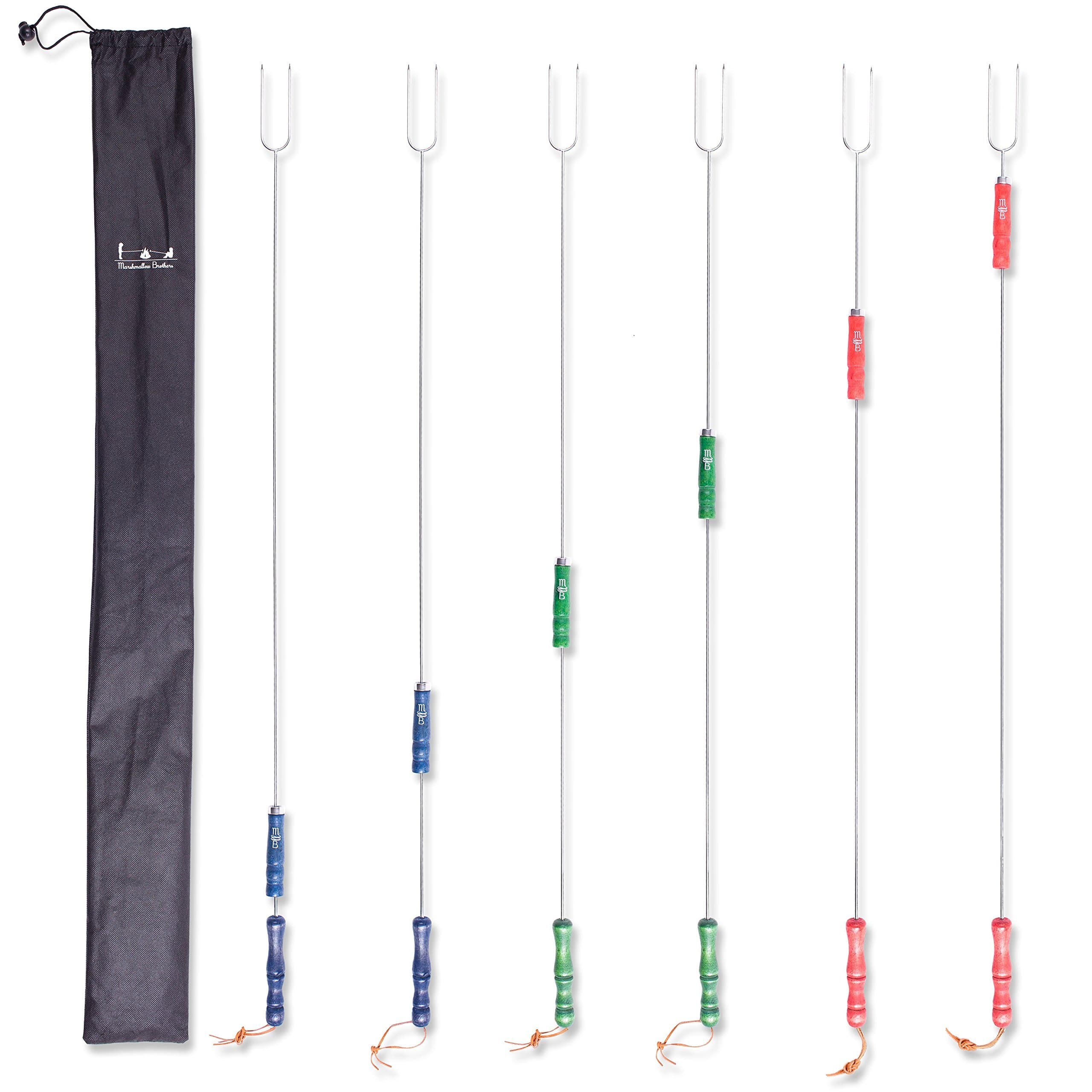 MB Premium World Class Marshmallow Roasting Sticks |42“ HEAVY DUTY 0.2“ | Cool Sliding Rotating Handles | Multipurpose Hot Dog Marshmallow Forks Skewers, Kids Accessories | SET OF 6 | FREE Storage Bag