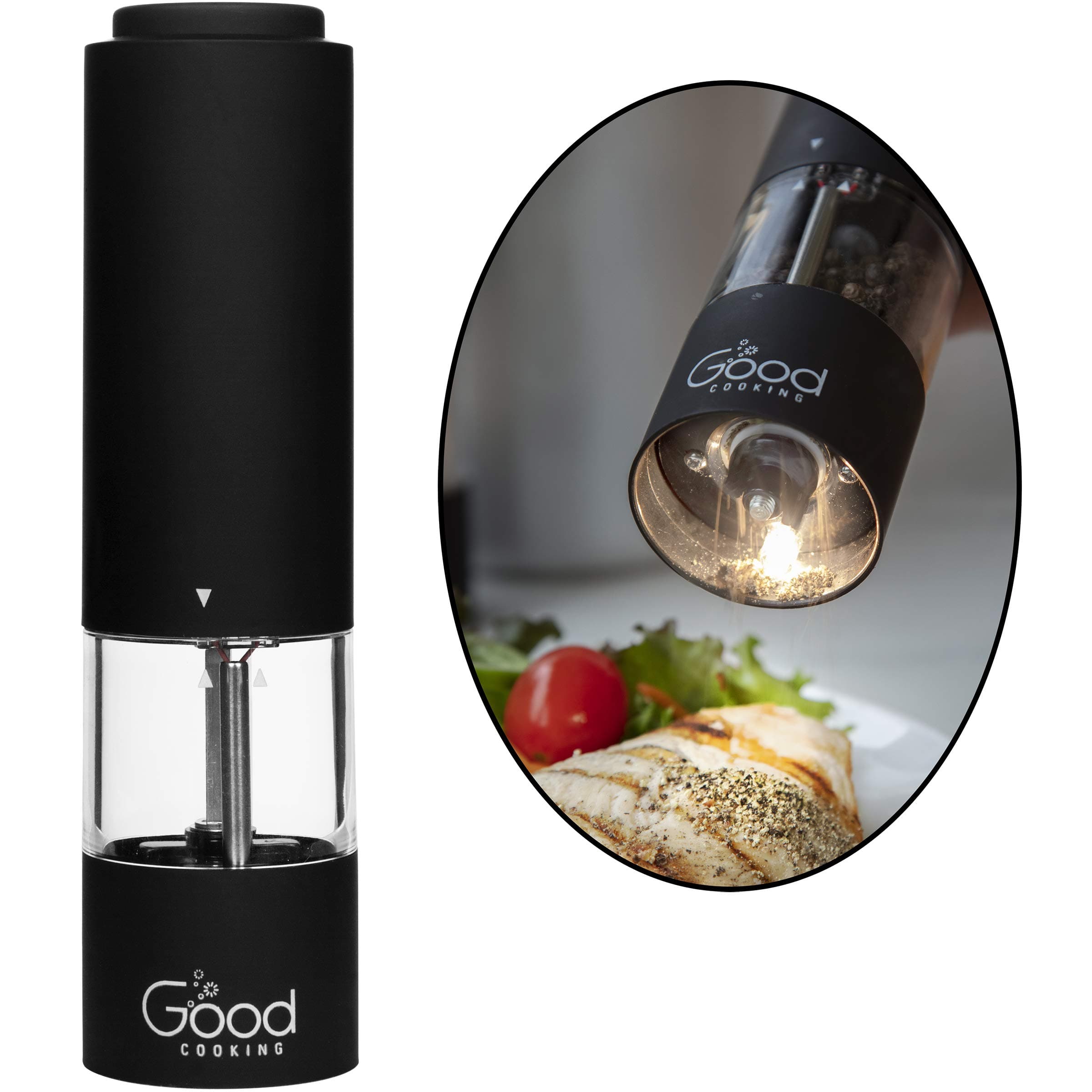 Electric Pepper Grinder and Salt Mill- Battery Operated One-Handed Spice Dispenser w LED Light & Adjustable Coarseness- Premium Kitchen Upgrade w Strong Ceramic Blades -Matte Black, Batteries Included