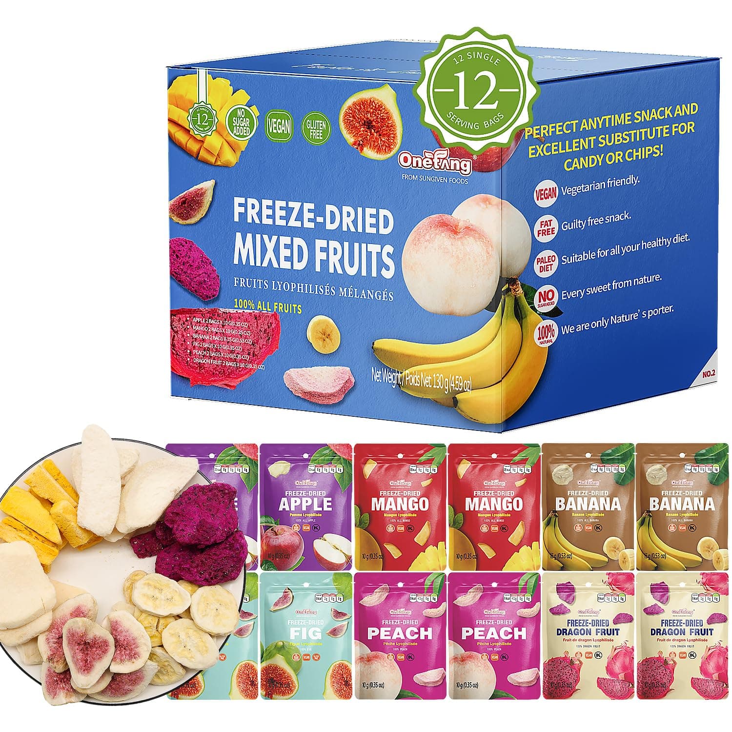 Freeze-Dried Mixed Fruit, 12 Pack Single-Serve Pack, Non GMO, Kosher, No Add Sugar, Gluten free, Vegan, Holiday Gifts, Healthy Snack 0.35 Ounce