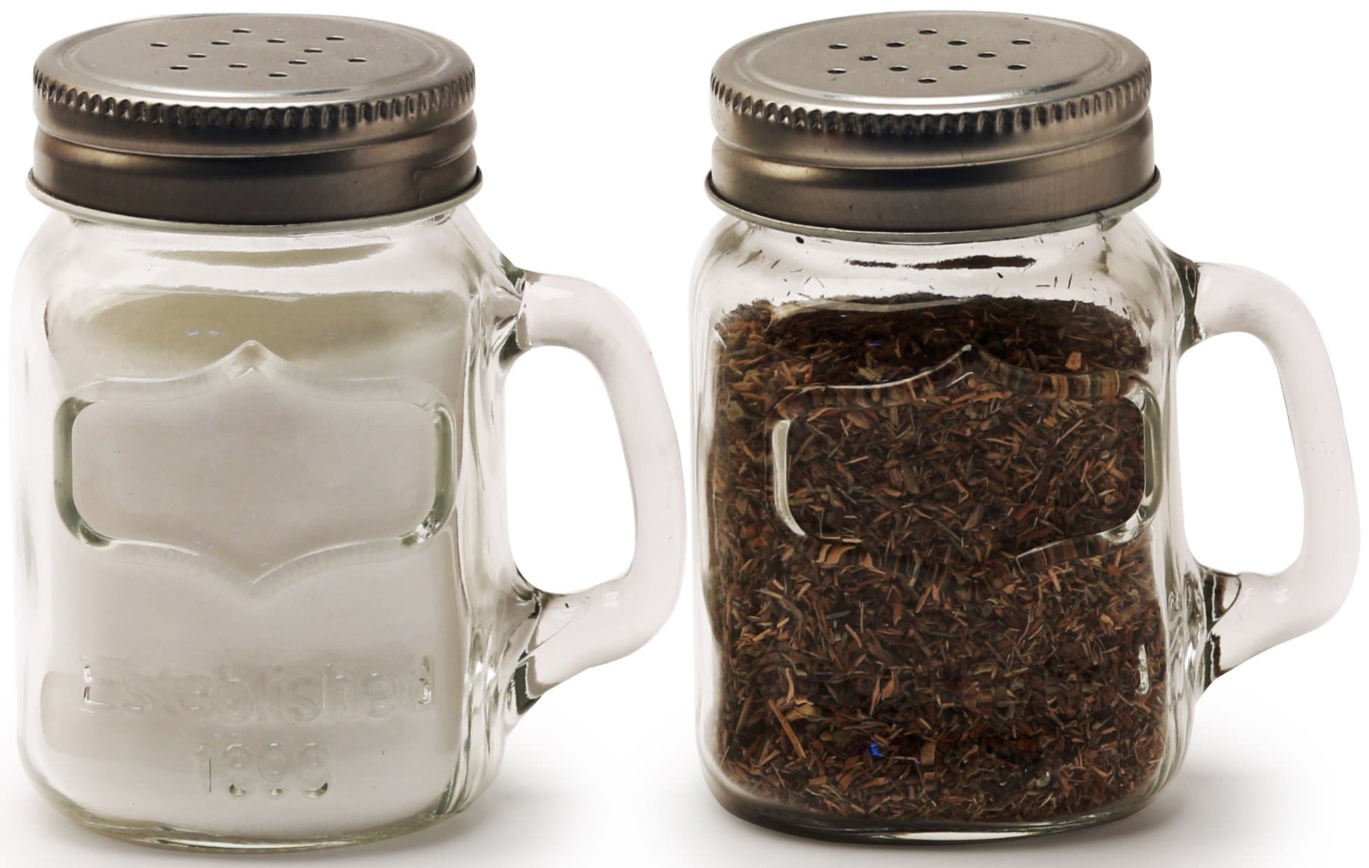 Circleware Mason Yorkshire Jar Mug Salt and Pepper Shakers with Glass Handles and Metal Lids, 5 Ounce, Set of 2 in Gift Box, Limited Edition Glassware Serveware