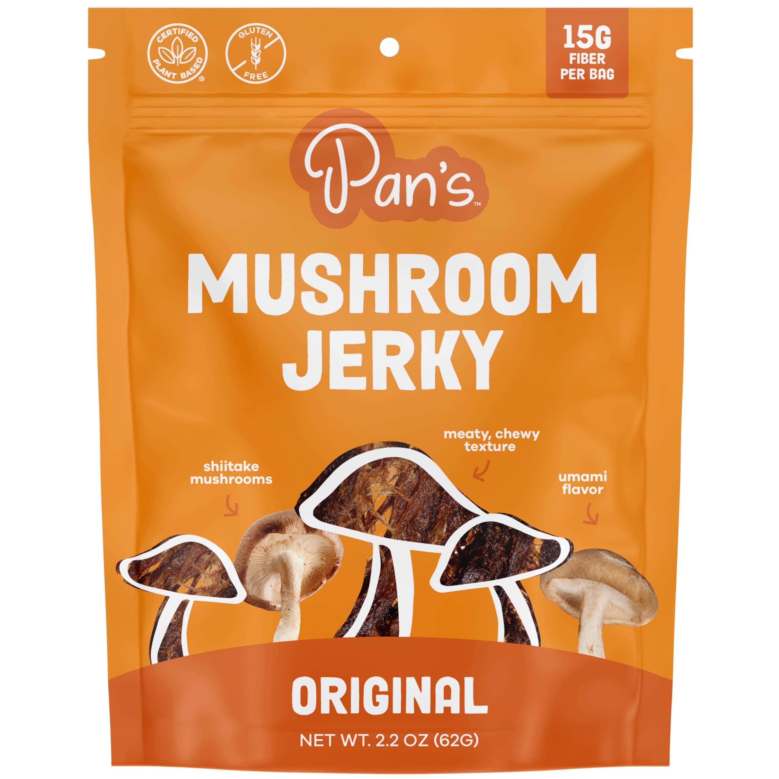 Pan's Mushroom Jerky, Organic, Vegan Snacks, Dried Mushrooms Shitake, Plant based Jerky, Meatless Jerky, Gluten Free, High in Fiber, with Original flavor (2.2 Ounce, Pack of 1)