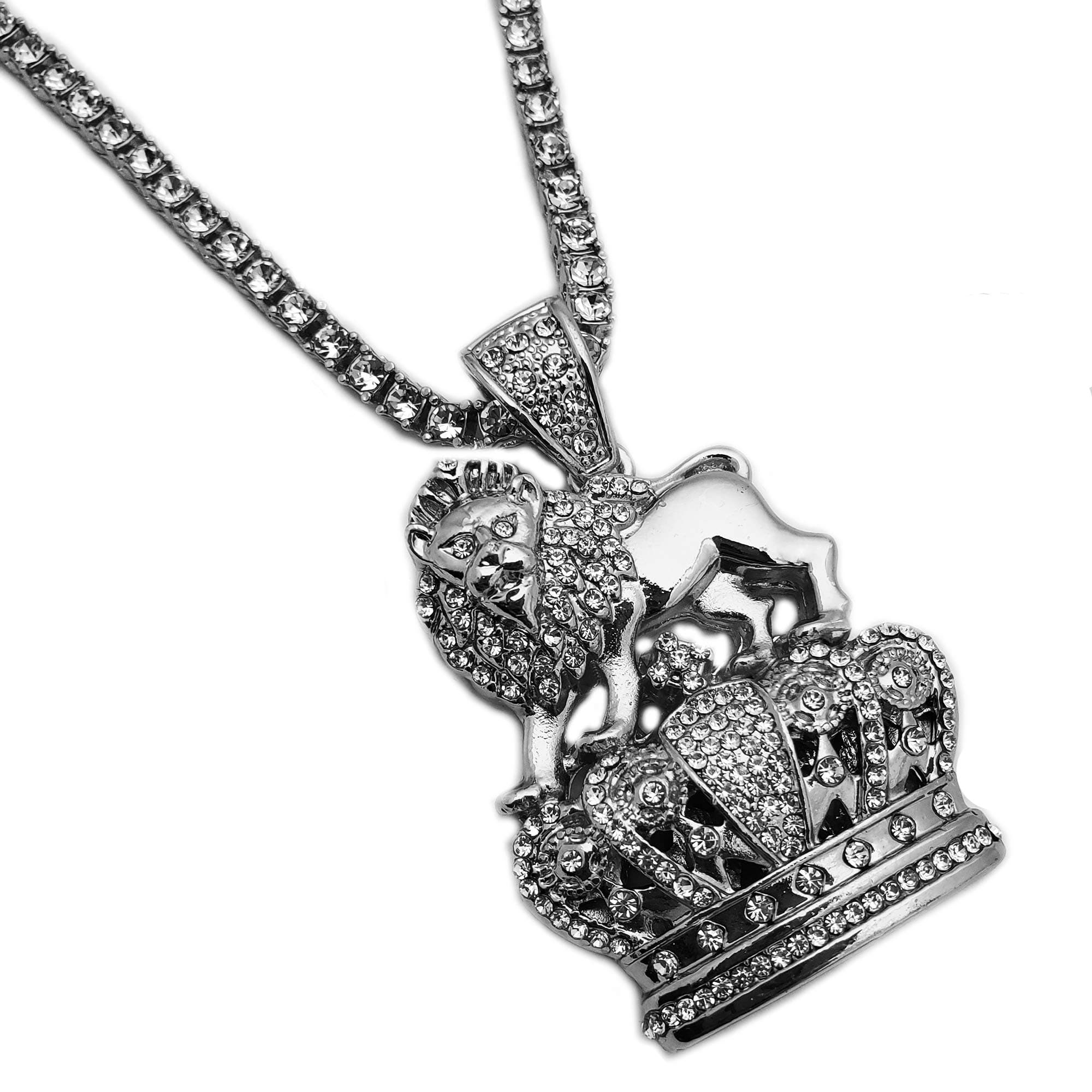 BLINGFACTORY ICED Hip HOP Lion King Crown Pendant & 18" 1 Row Tennis Chain Necklace
