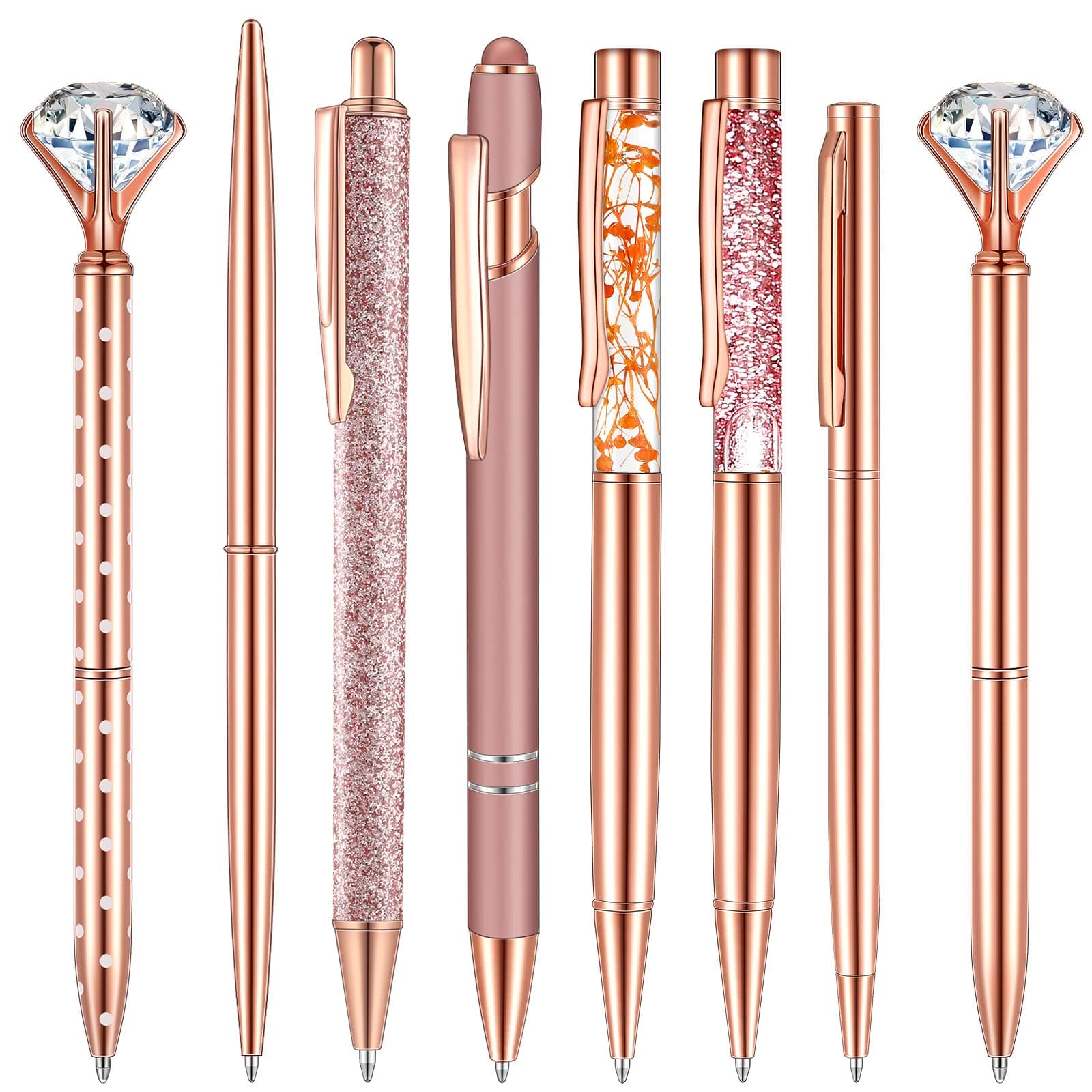 Supervitae 8 Pcs Rose Gold Ballpoint Pen Women School Stationery Gifts Journaling Liquid Sand Glitter Black Ink Pens Bridal Shower Gifts for Wedding Office Desk Supplies