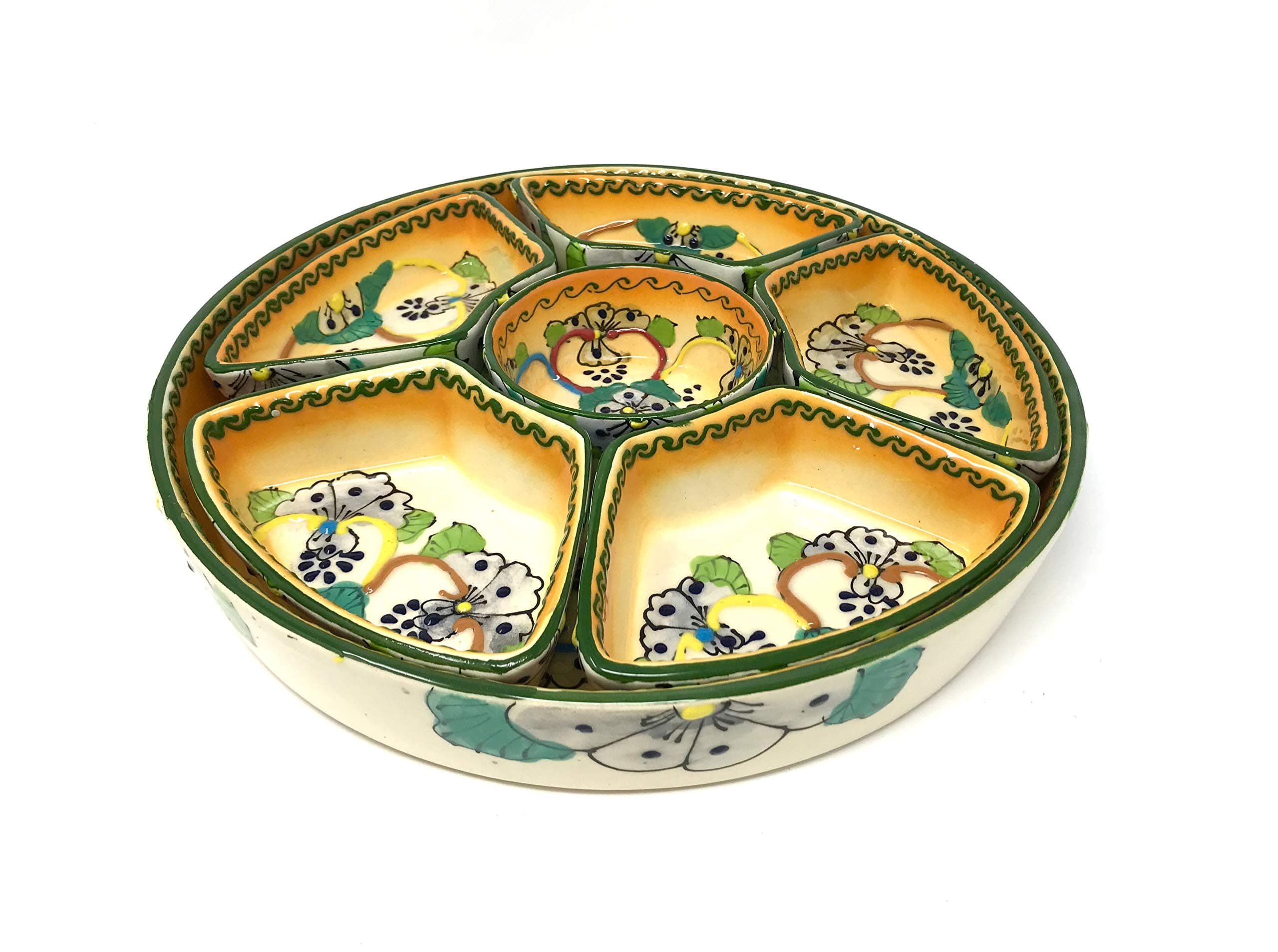 12 inch Mexican Talavera Ceramic Taco Platter with Six Nesting Salsa Bowls