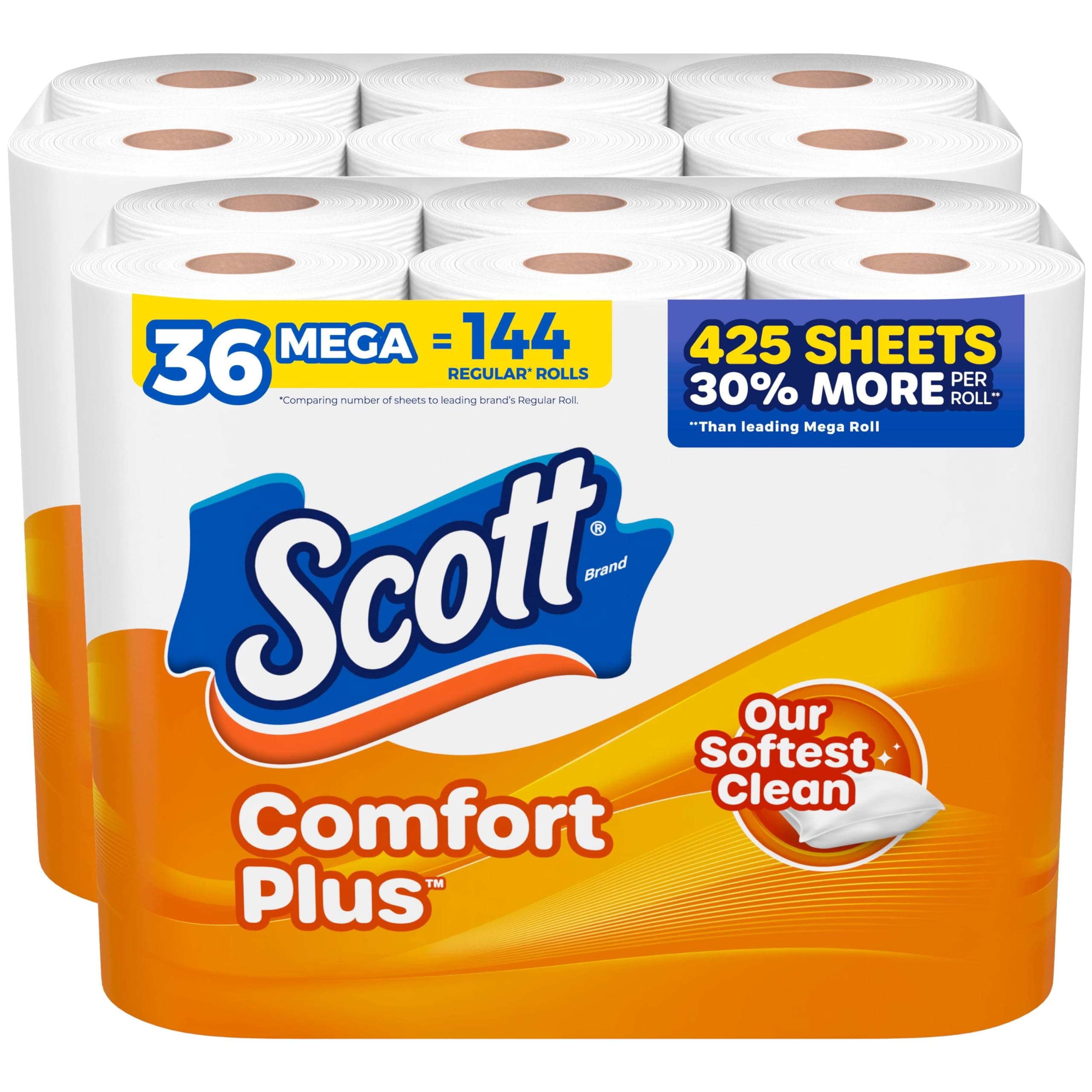 ComfortPlus Toilet Paper, 36 Mega Rolls (2 Packs of 18), 425 Sheets per Roll, Septic-Safe, 1-Ply Toilet Tissue