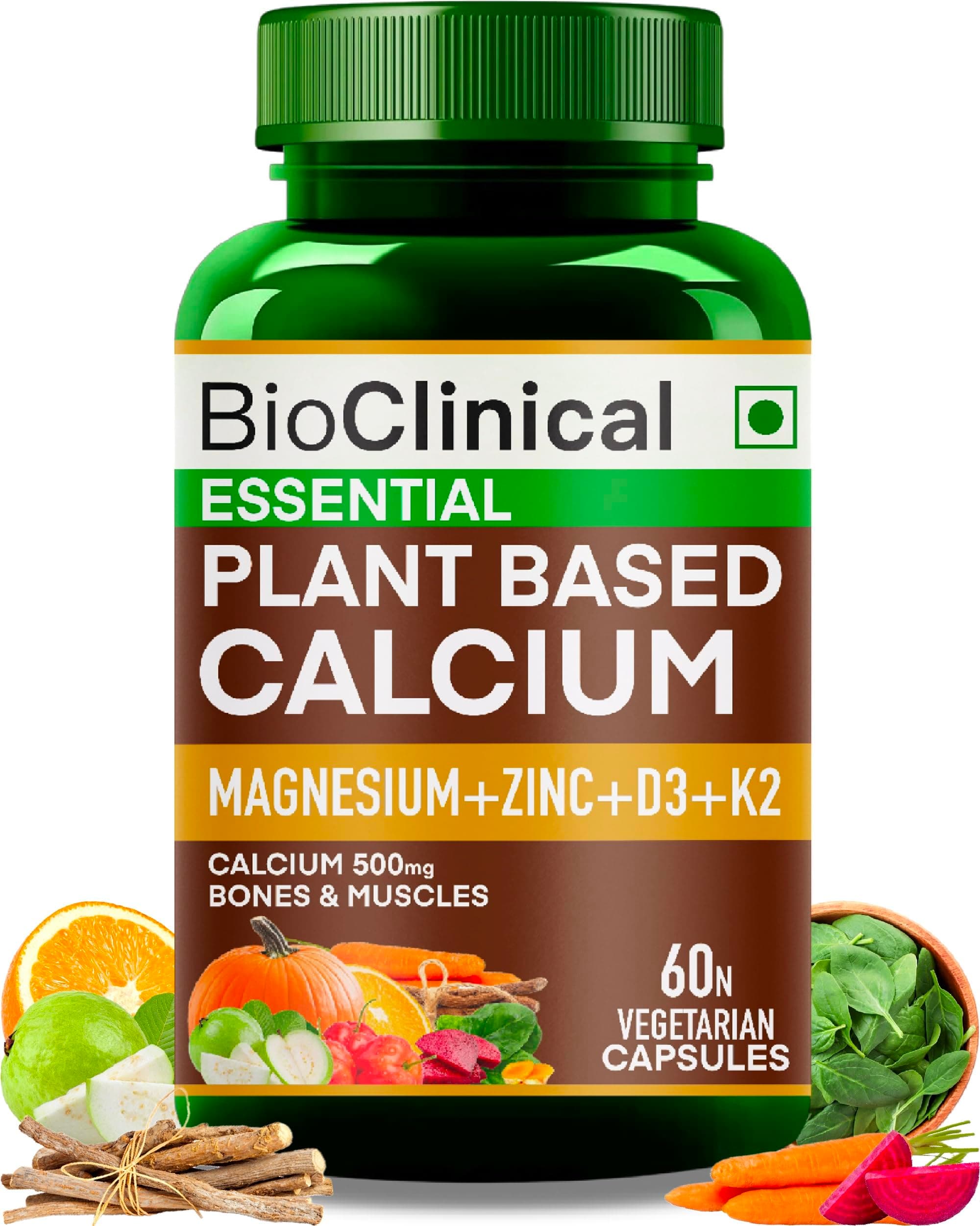 BioClinical 500mg Plant Calcium Magnesium Zinc Vitamin D3 + K2 for Joint Support & Bone Health -100% Plant Based Supplement -Made with Natural Ayurvedic Herbs & Plant Extracts - 60 Veg Capsules