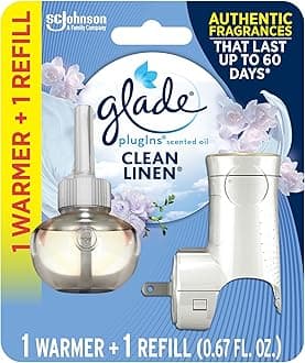 Glade PlugIns Refills Air Freshener Starter Kit, Clean Linen, Scented and Essential Oils for Home and Bathroom, 0.67 Fl Oz, 1 Warmer + 1 Refill