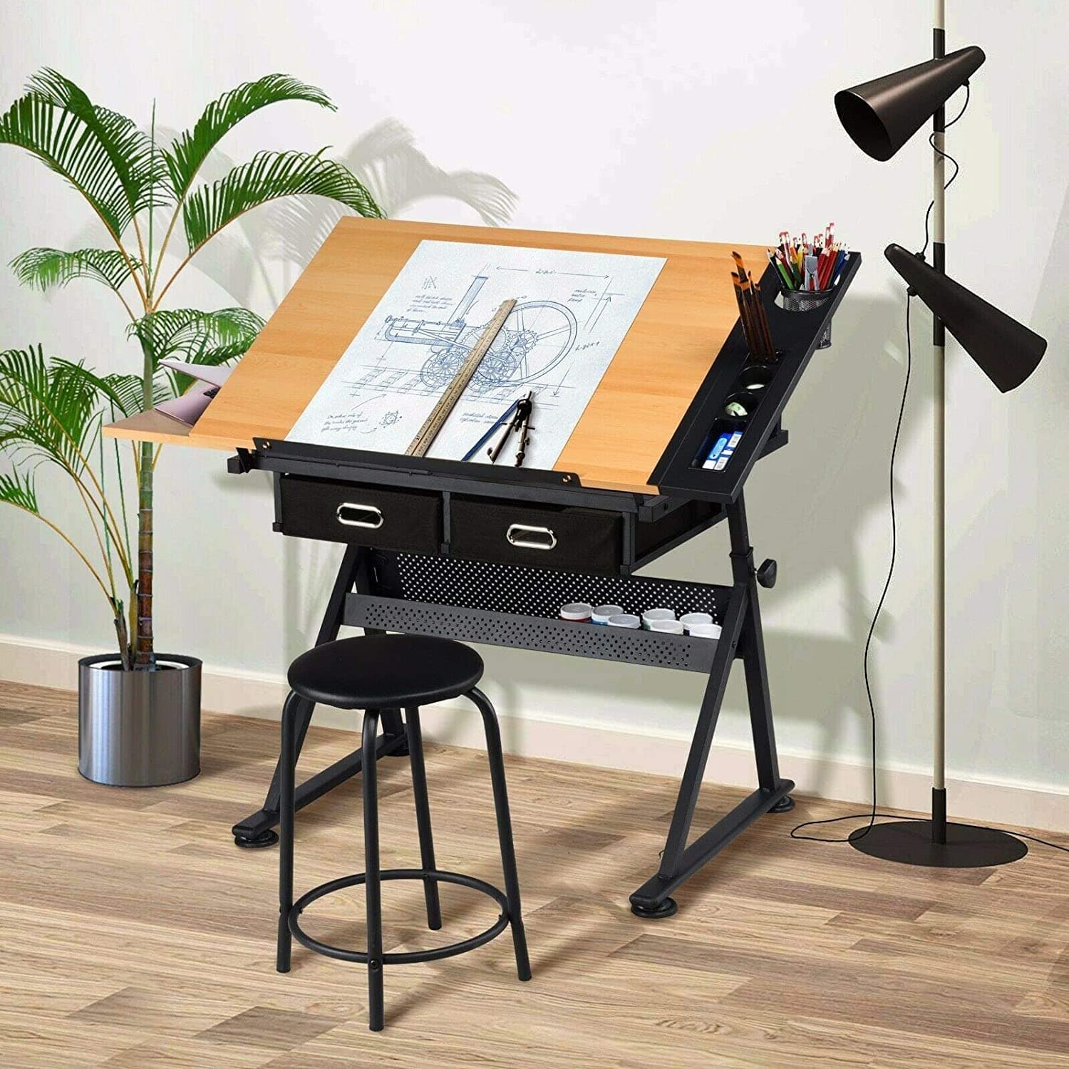 Adjustable Drawing Table with Tiltable Tabletop - Drafting Table Artist Desk Work Station, Study, Drafting, Computer Desk with Stool