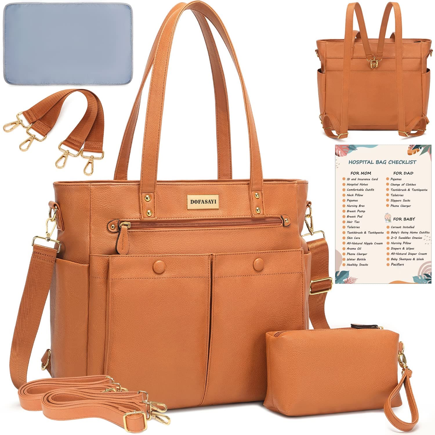 DOFASAYI Leather Backpack - Tote for Mom and Dad, Diaper Bag with Cosmetic Bag, Changing Pad, Messenger Strap, Stroller Hook, Mud Brown