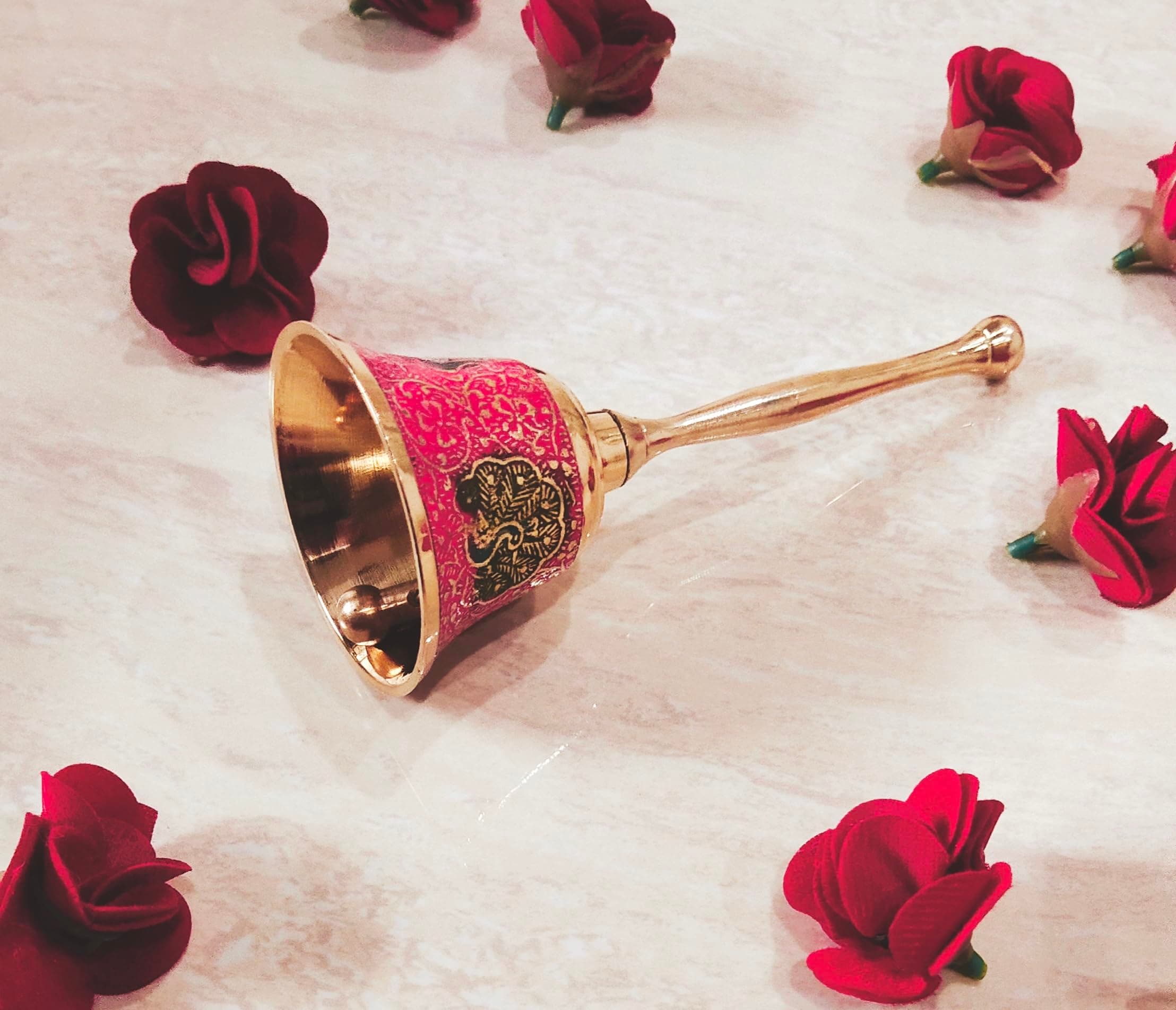 blissful decor Presents Pure Brass Peacock Design Pooja Prayer Bell Ghanti for Home and Temple Use for Festival Brass Bell Size- 6 inch (Religious Gift Item) - (Pack of 1) (Pink)