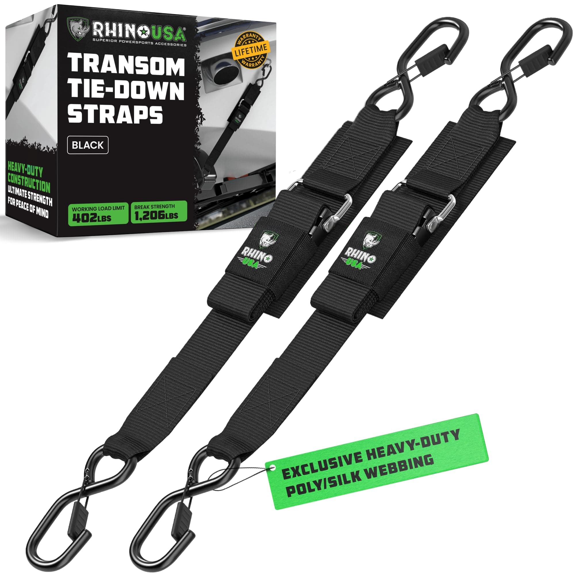 Rhino USA Boat Trailer Straps (2-Pack) - Heavy Duty 2 Inch x 48 Inch Boat Tie Down Straps to Trailer - Ultimate Adjustable Transom Tie Down Straps for Trailering Safety with Boat, Jet Ski, & More!