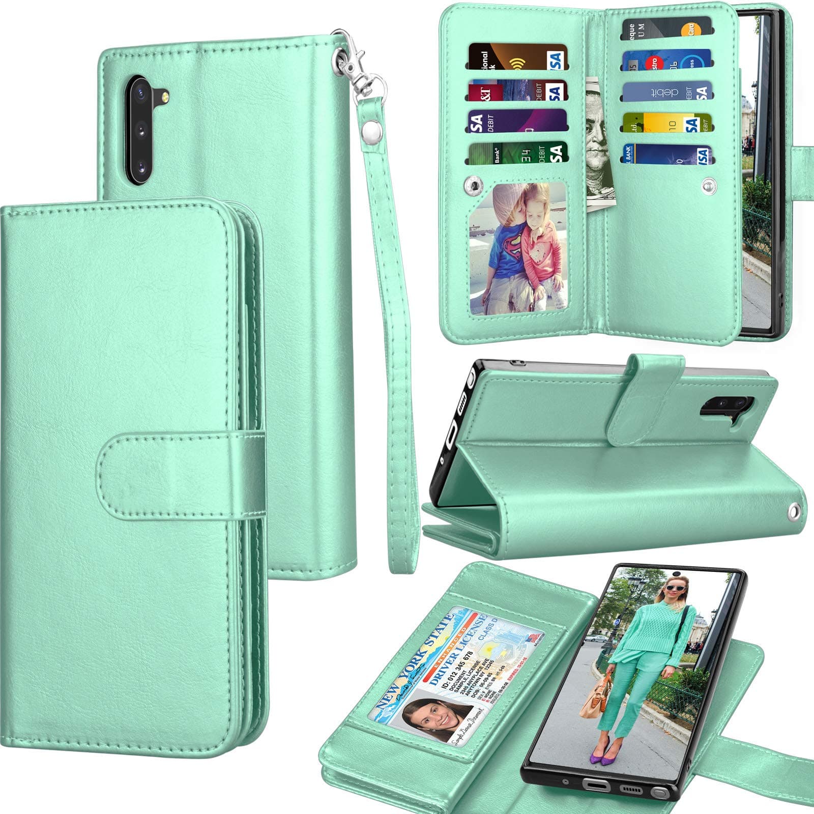 Eutekcoo Galaxy Note 10 Case, Galaxy Note 10 Wallet Case, Luxury Cash Credit Card Slots Holder Carrying Flip PU Leather Cover [Detachable Magnetic Hard Case] Kickstand For Samsung Note10 [Turquoise]