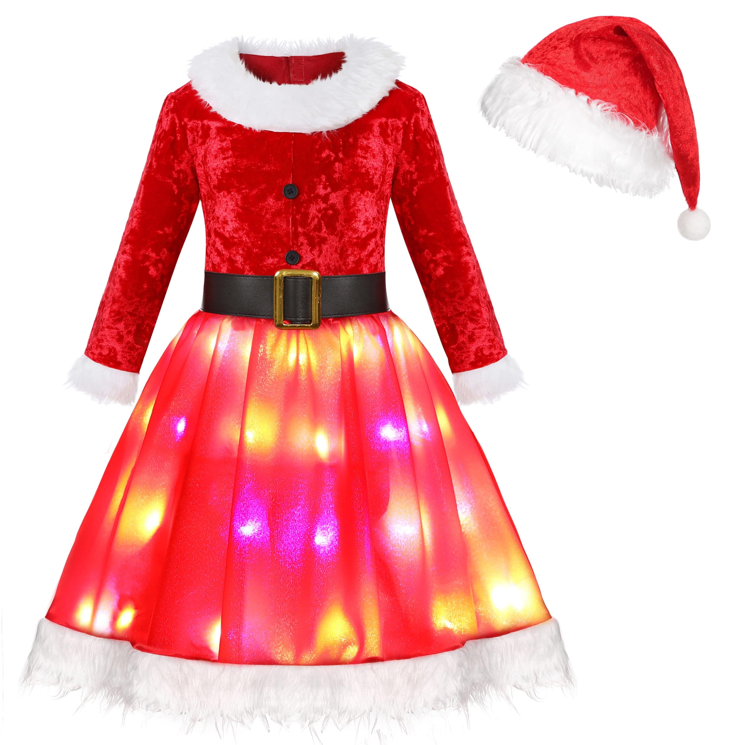 Soyoekbt Christmas Costume for Girls Led Light Up Santa Dress With Red Xmas Hat