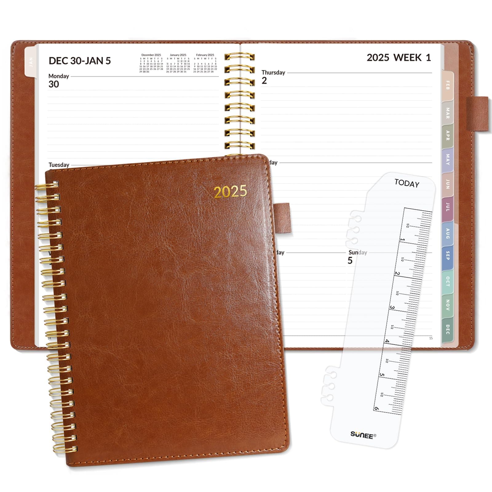 SUNEE 2025 Weekly & Monthly Planner 6.4"x8.5"- 12 Month (January 2025 - December 2025), Vegan Leather Cover, Pocket, Bookmark, Notes, Monthly Tab, Brown