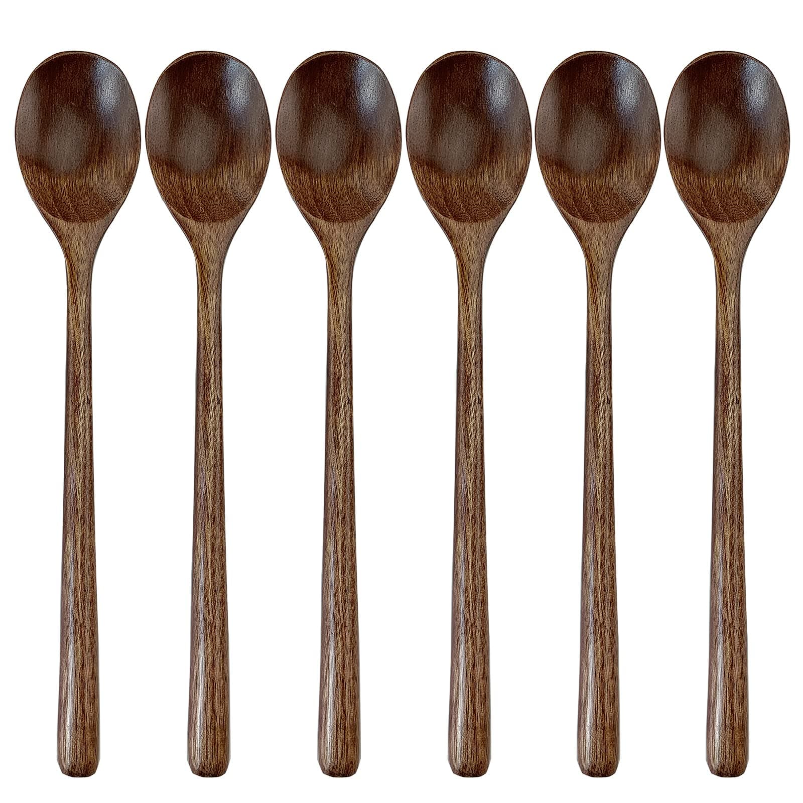 Wooden Spoons for Eating, 9 inch Small Wooden Soup Spoon Mixing Stirring Tasting, 6-Piece Dark Brown Wood Spoons for Soup and Korean Food, Eco friendly Wooden Eating Utensils