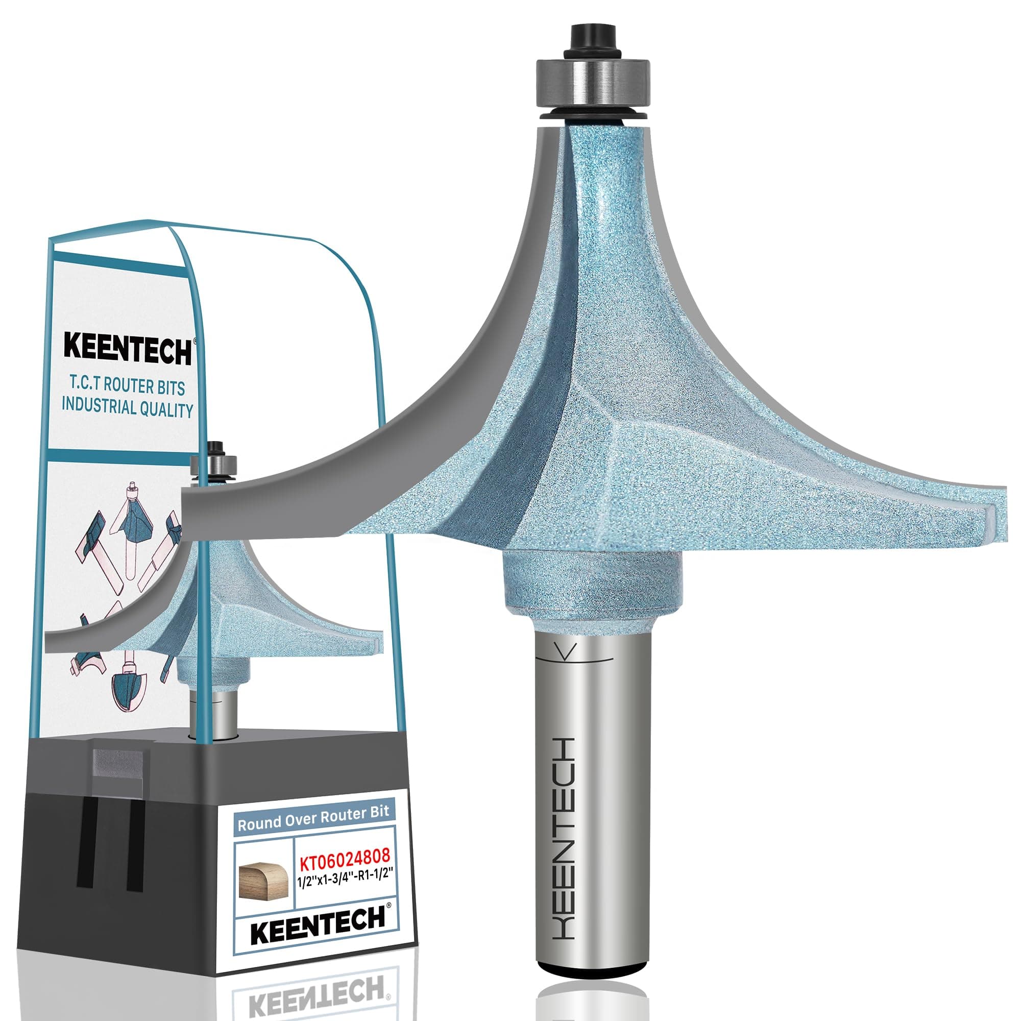 KEENTECH Round Over Router Bit, 1/2" Shank, Edge Forming Router Bit for Wood, Corner Rounding (1/2 Inch Shank , 3-1/2 Inch Diameter , R1-1/2 Inch Radius)