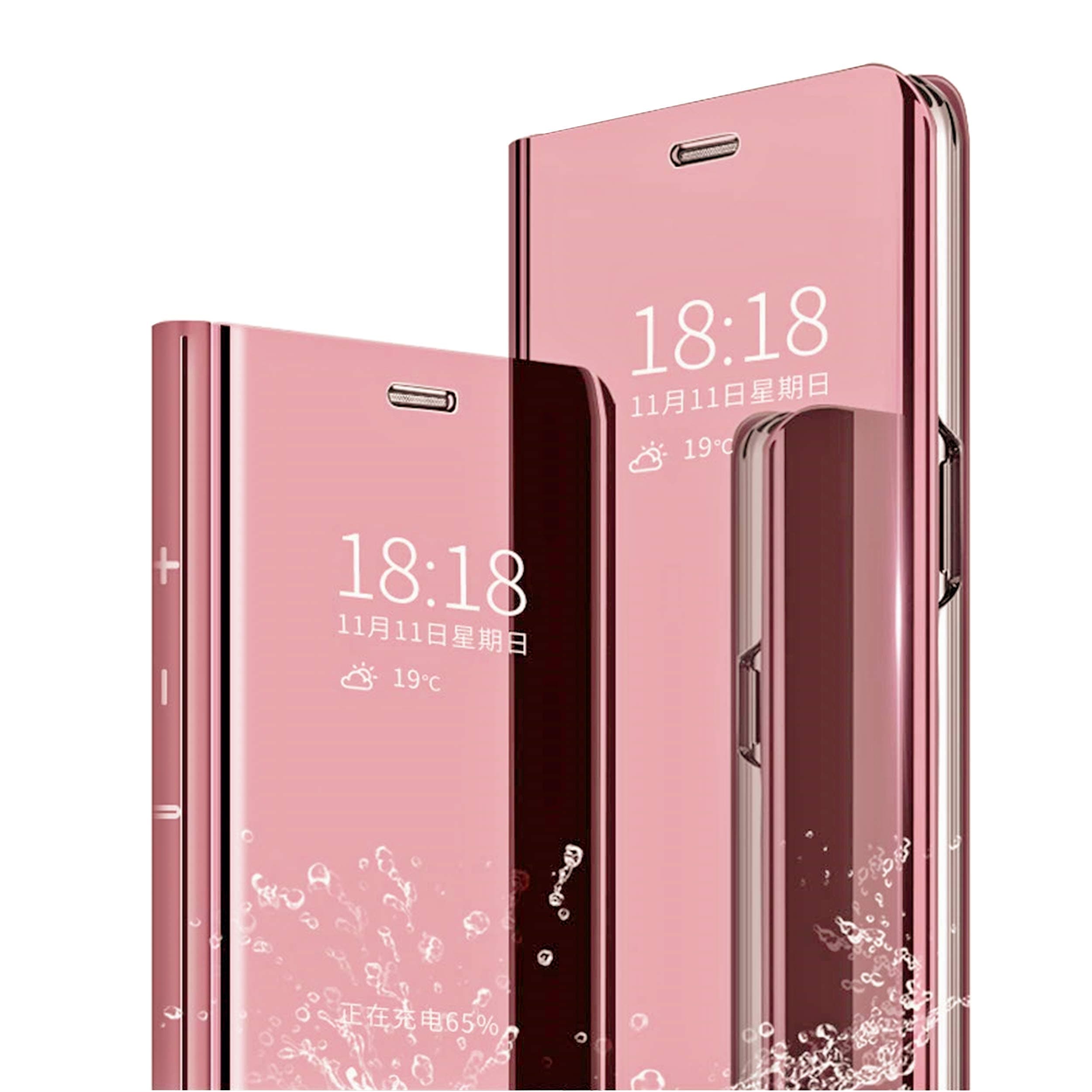 MLOTECH for Xiaomi Pocophone F1 case, Cover + tempered glass Flip Clear View Translucent Standing Cover Mirror Plating Holder Full Body 360°Smart Cover-Rose Gold