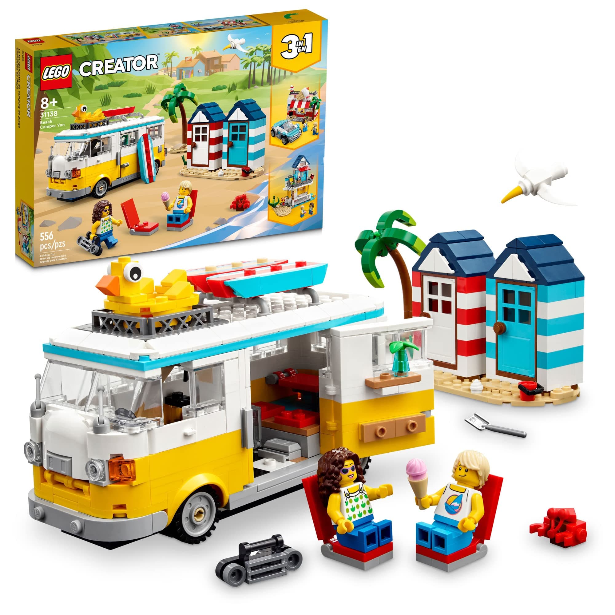 Creator 3 in 1 Beach Camper Van Building Kit, Transforms from a Campervan to Ice Cream Shop to House, Great Gift for Surfer Boys and Girls, Pretend Play Beach Life, 31138