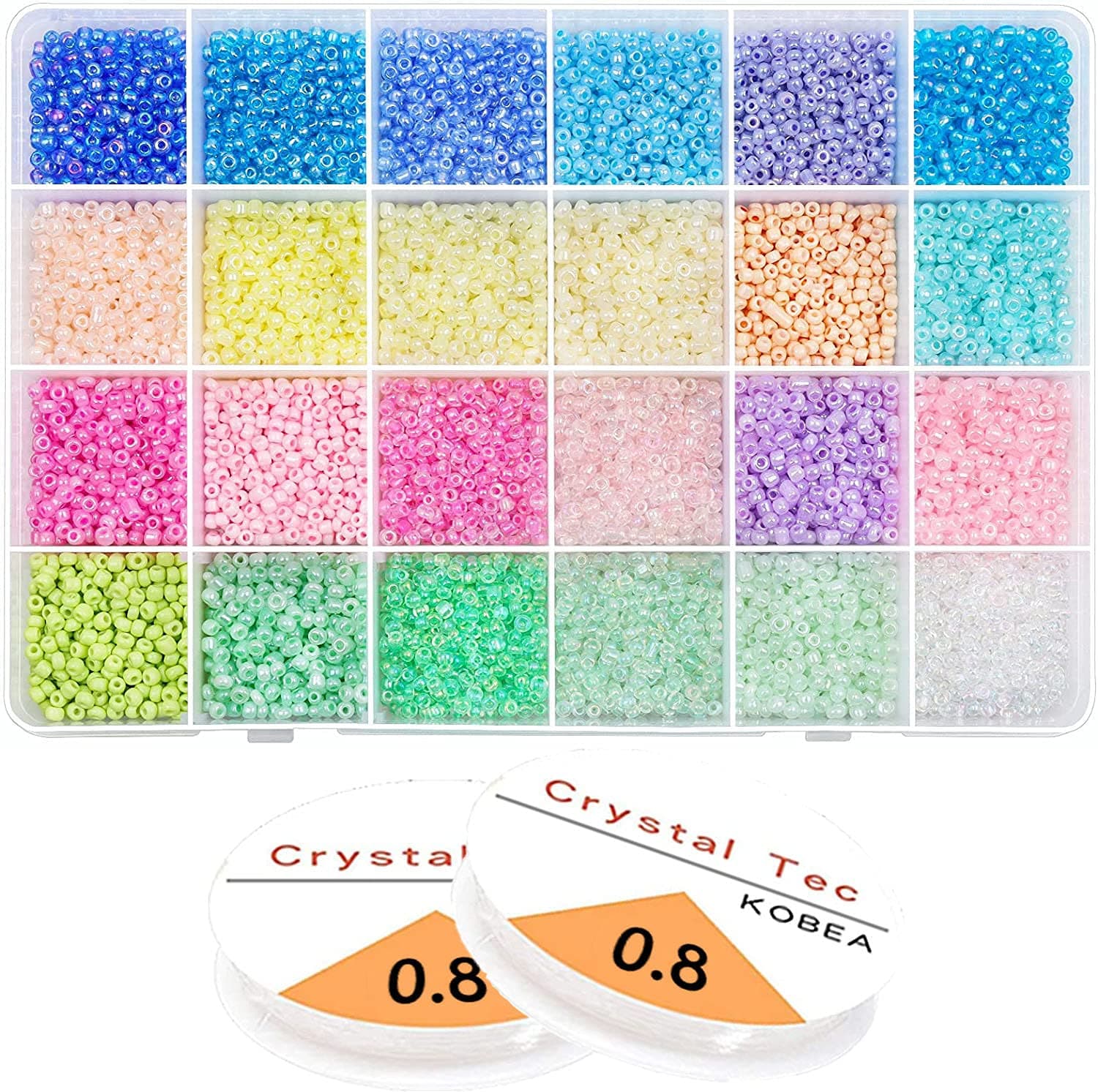 Wawasia Glass Seed Beads Started Kit, 9600 Pcs 3mm 24-Grid Colored Small Craft Beads with 2 Rolls Elastic String, Mini Seed Beads Set for Finding DIY Art Crafts Jewelry Making Bracelets Beads