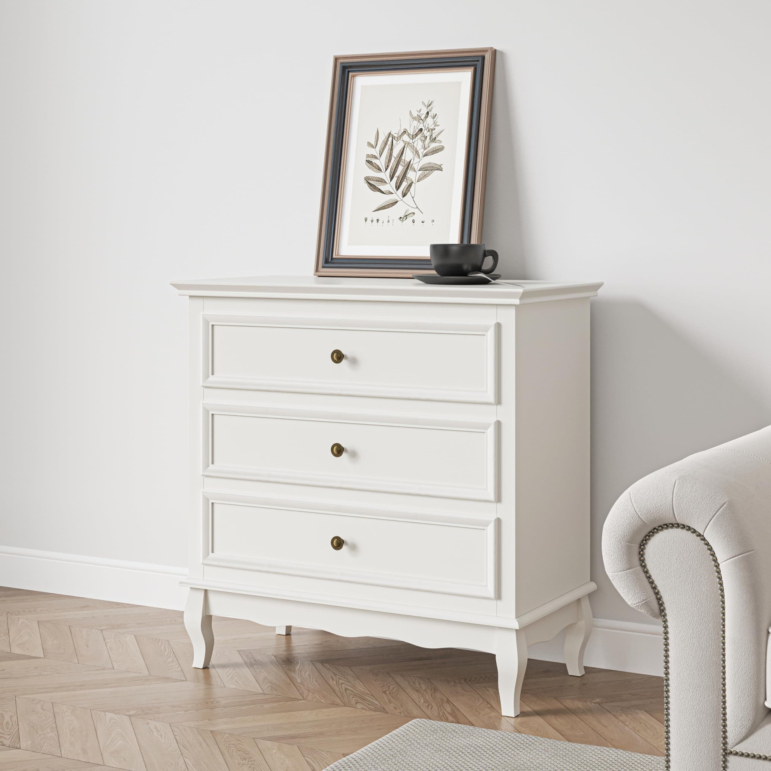 RoyalCraft White 3 Drawer Dresser for Bedroom, Wide Chest of Drawers with Ball Bearing Slide, Modern Wood Dresser Wide Nightstand Cabinet for Living Room