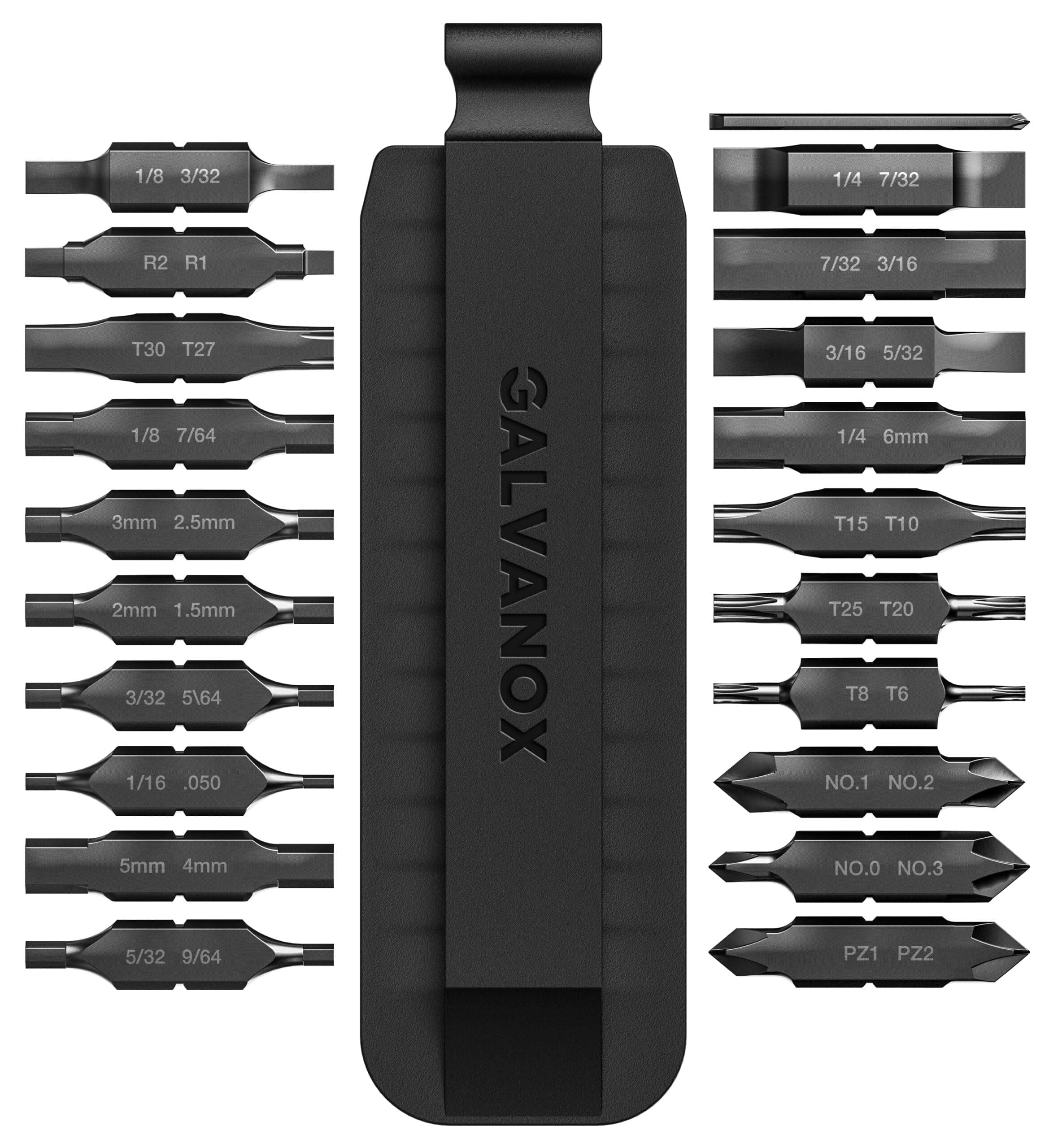 Galvanox 21PC Flat Bit Kit Designed for Leatherman Multitool Driver, (Industrial Grade) 59-HRC Hardened S2 Impact Steel, Black Carbon (Double Sided Sheath Holder)