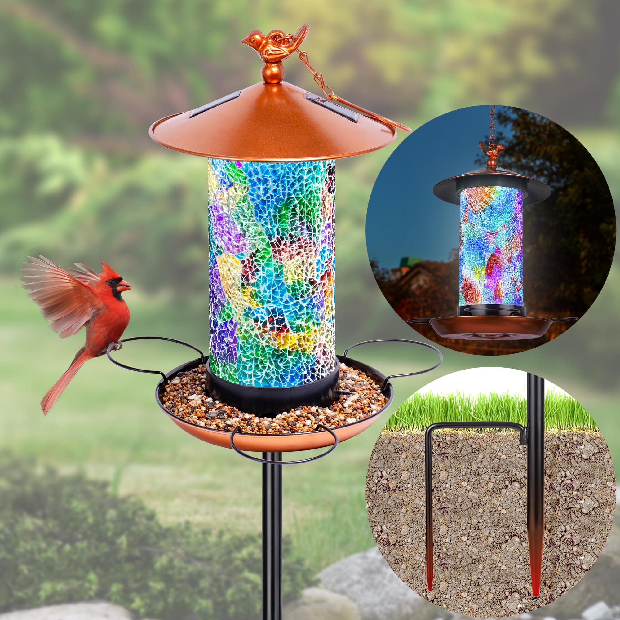 XDW-GIFTS Mosaic Solar Wild Bird Feeder with Pole Kit, Waterproof Lantern Design with Adjustable Heavy-Duty Bird Feeder Post for Outside, Garden- Unique Gifts for Mom,Women, Grandma,Bird Lovers