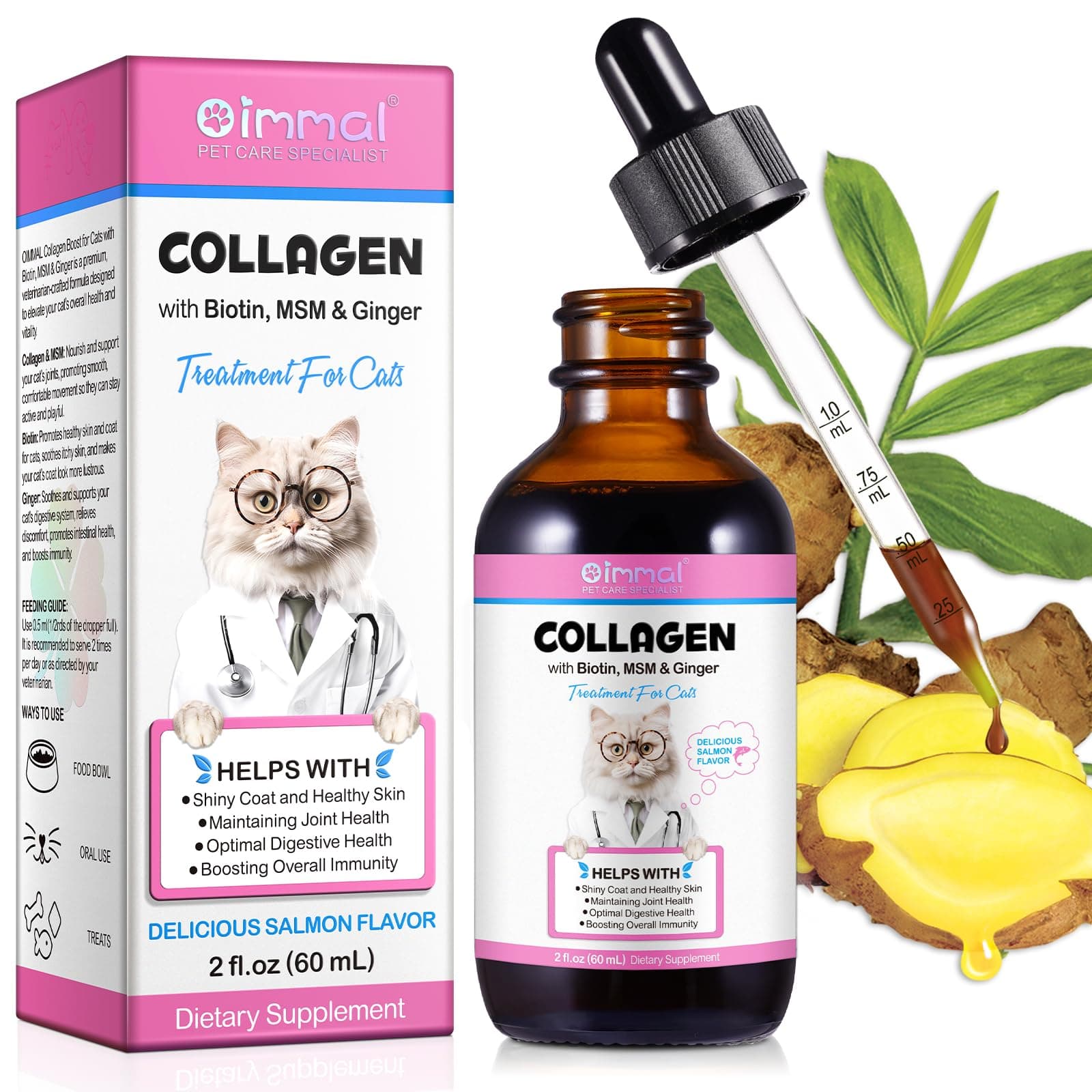 Collagen For Cats, Cat Liquid Drops, Cats With Biotin, Msm & Ginger Digestive Immunity Support, Itch Relief, Skin Coat And Joint Health, Supplement 60Ml ﻿