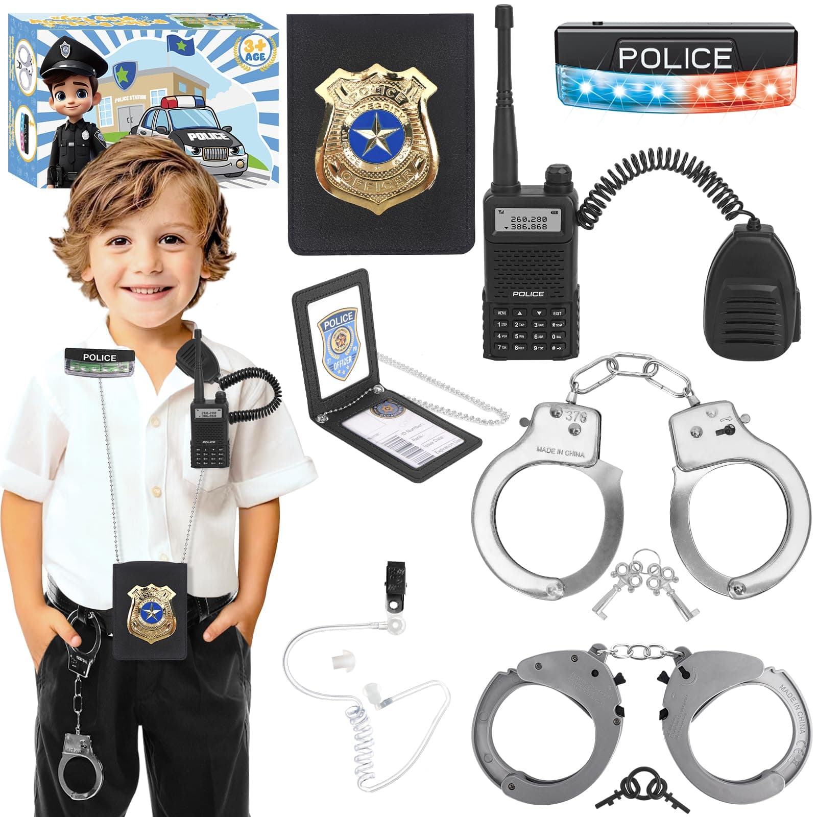 Police Toys, Police Pretend Play Toys for Kids Boys and Girls, Role Play Set with Police Accessories, Handcuffs, Warning Light, Police Badge, Birthday Halloween Christmas Gifts