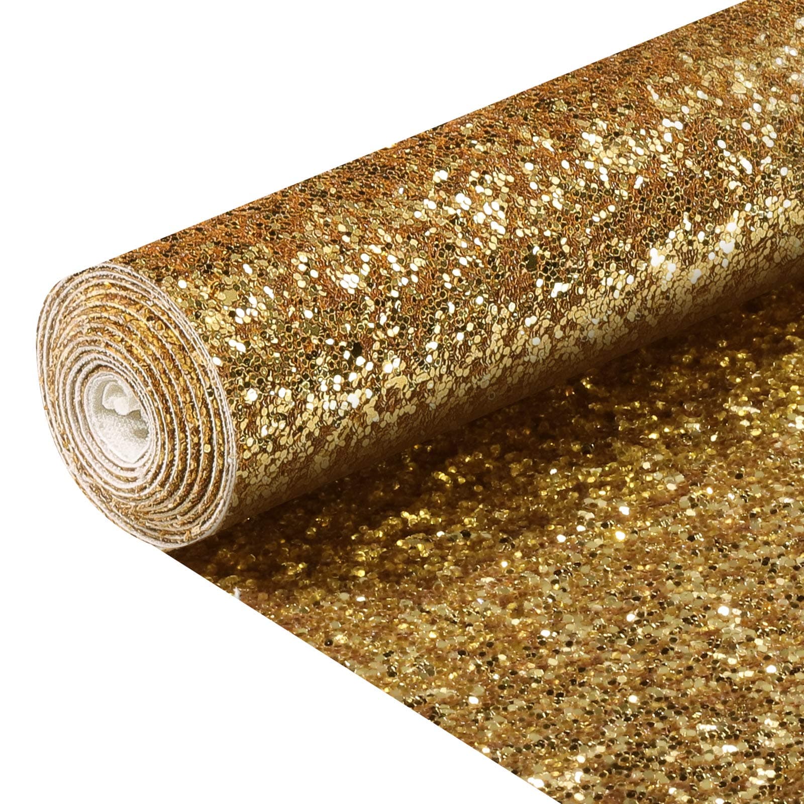 SOV Ultra Chunky Glitter Fabric Vinyl Sparkle Faux Leather Perfect for Key Chain Bows Craft Bag Cover Sewing Patchwork DIY Craft Thick Canvas Back 8” x 53” (21cm x 135cm) 1 Roll (Gold)
