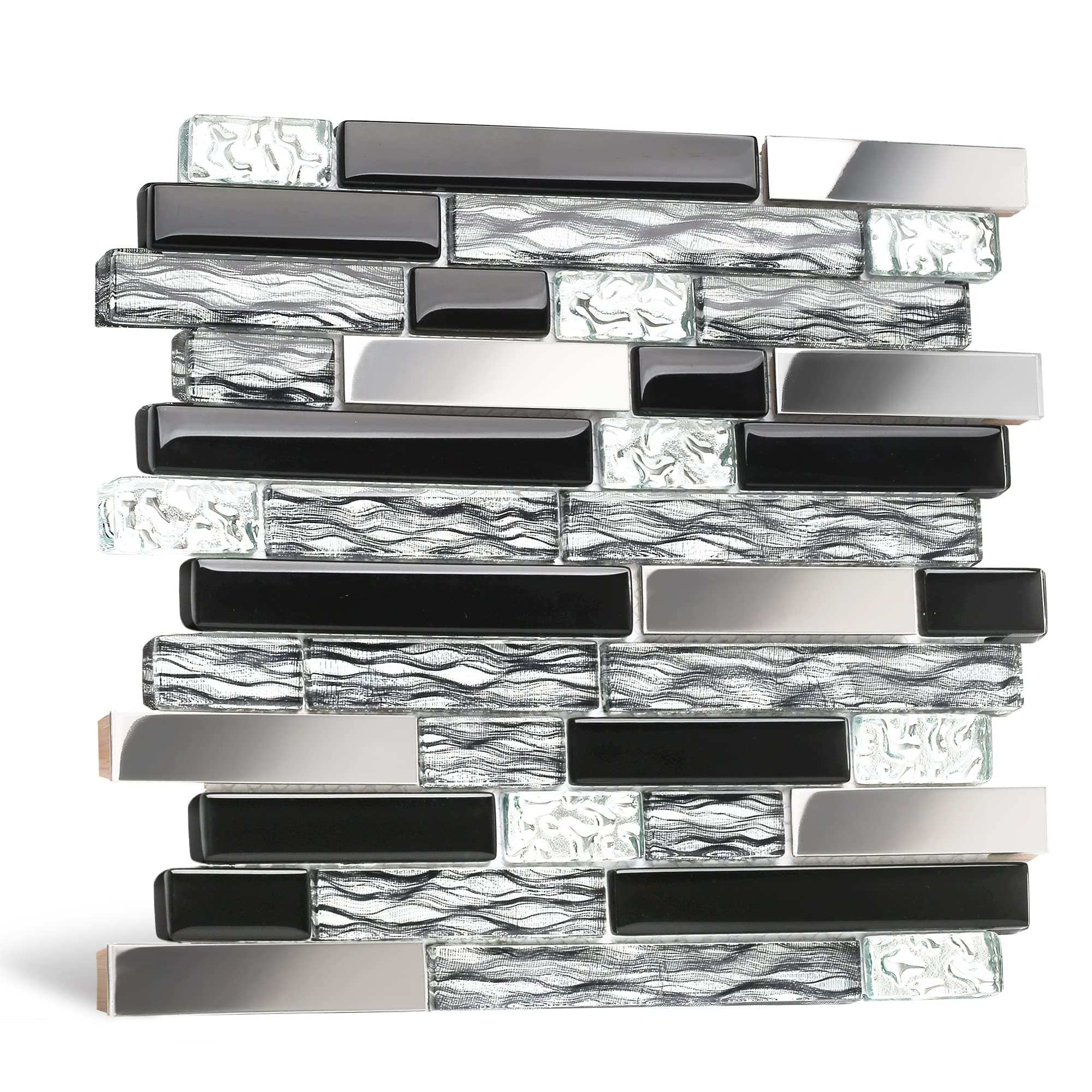 Glass Metal Tiles Art Mosaic Silk Black Crystal Glass Chrome Silver Steel Accent Wall Border Kitchen Bath Backsplash Tile TSTNB12 (5 Square Feet)
