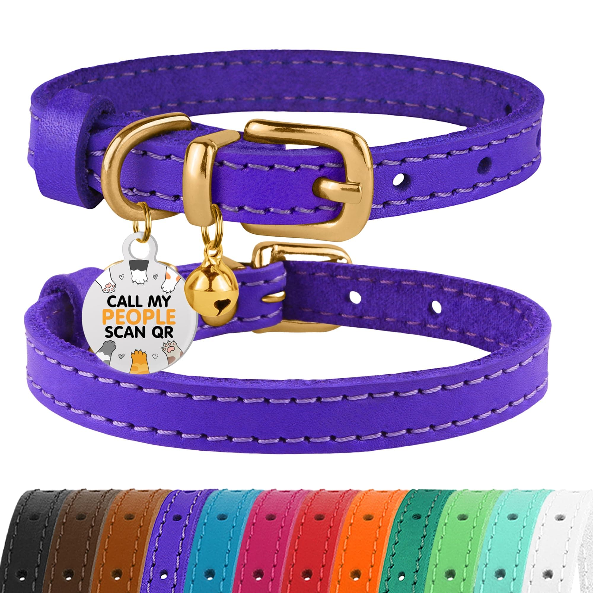 BRONZEDOG Leather Cat Collar with Removable Bells Non Breakaway Kitten QR Tag for Girl Boy (7" - 9" for Cats, Purple & Gold)