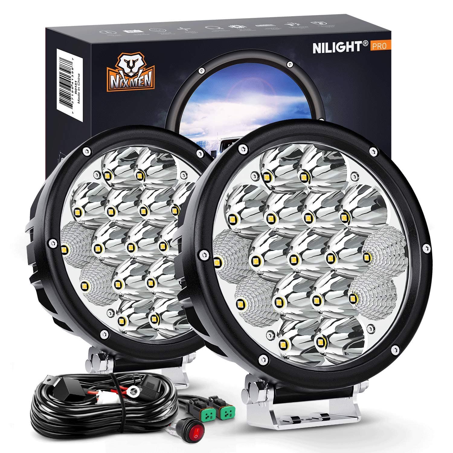 Nilight 2PCS 7Inch 85W LED Driving Light 10200LM IP68 Spot Flood Combo Round Built-in EMC Offroad Lights with 14AWG DT Connector Wiring Harness Kit for Truck ATV UTV SUV