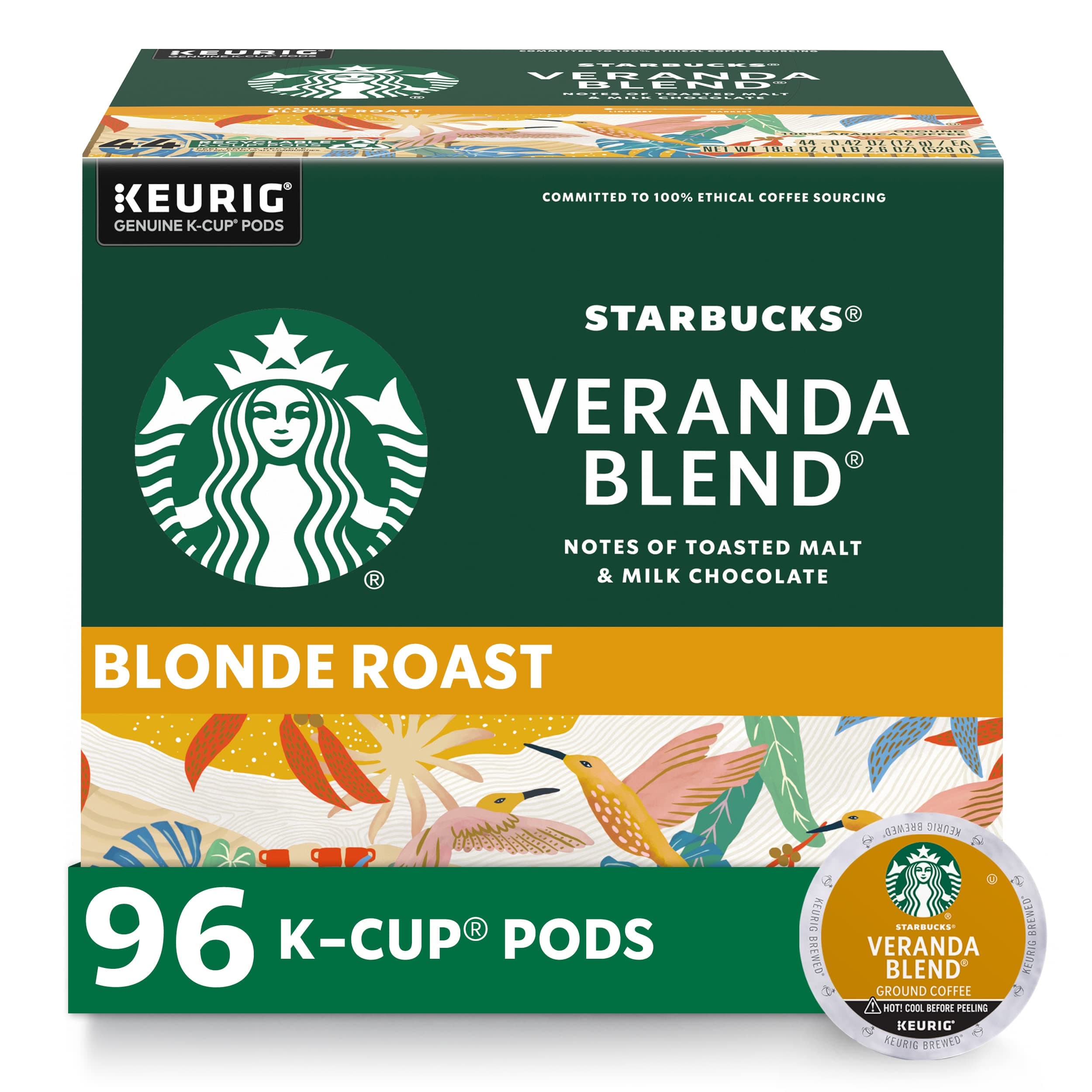 Starbucks K-Cup Coffee Pods, Starbucks Blonde Roast Hot or Iced Coffee, Veranda Blend, 96 Keurig Pods