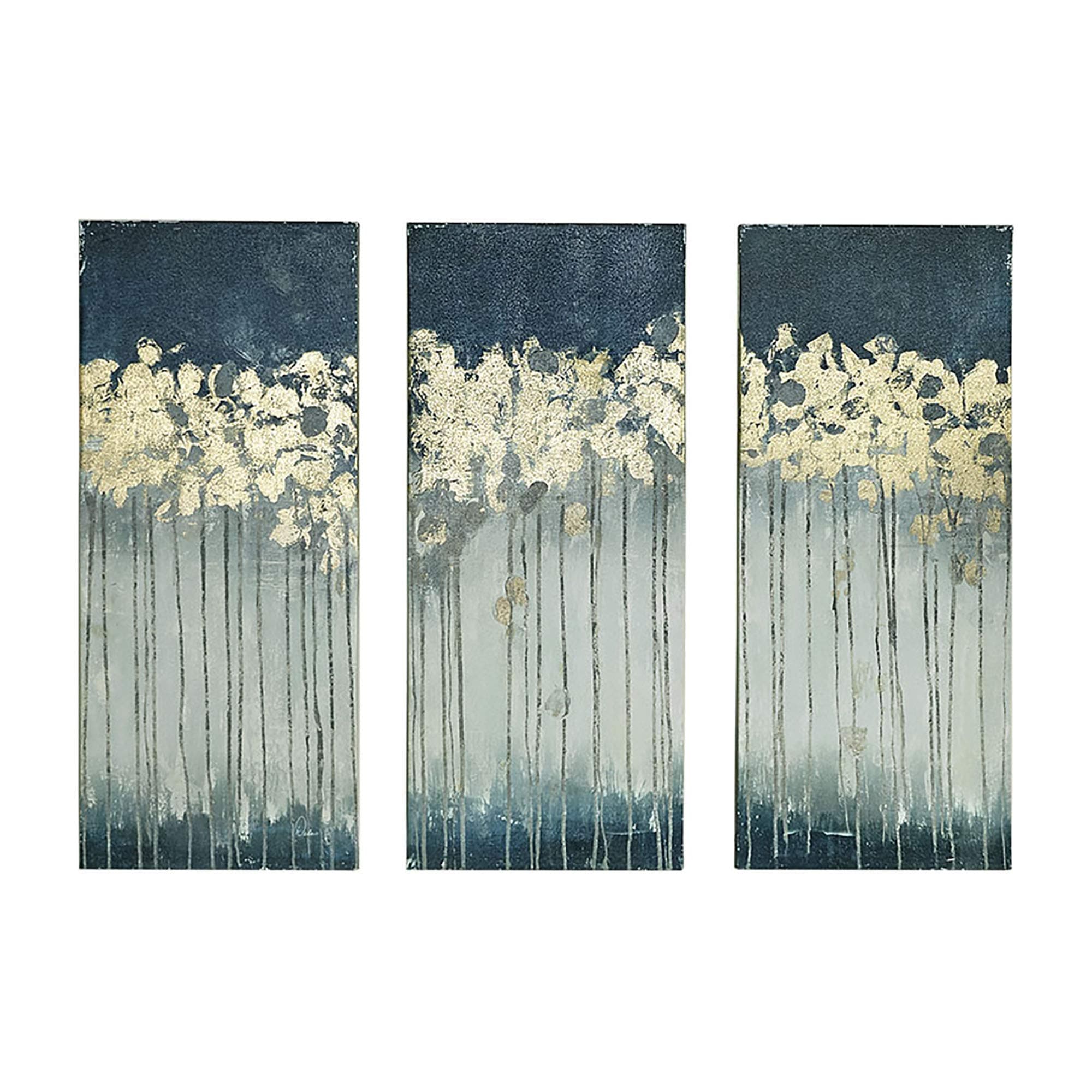 Wall Art Living Room Decor - Embelished Gold Foil Triptych Canvas Home Accent Dining, Bathroom Decoration, Ready to Hang Painting for Bedroom, 15" x 35", Midnight Forest Blue 3 Piece