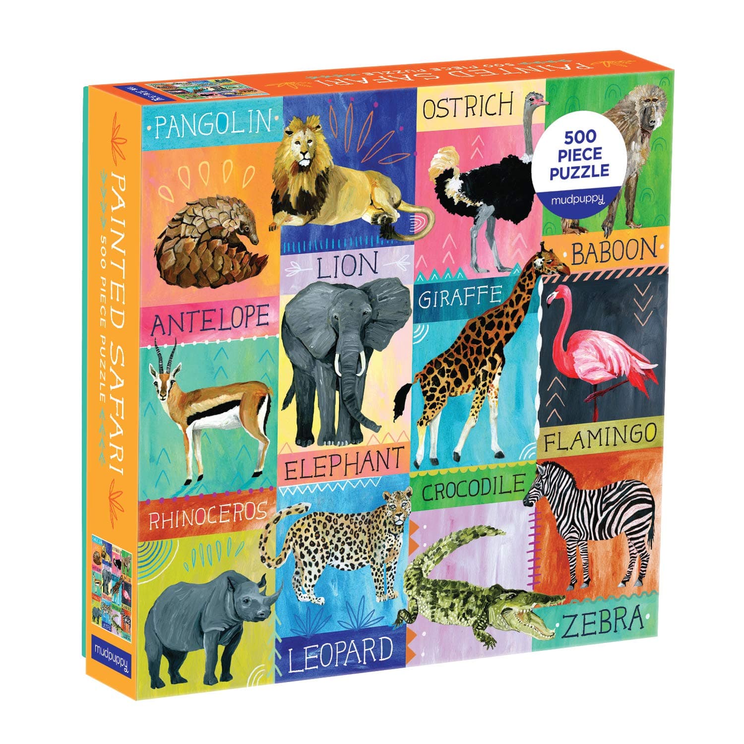 Painted Safari 500 Piece Family Puzzle from Mudpuppy - Beautifully Illustrated 20" x 20" Jigsaw Puzzle, Perfect for Hours of Family Fun, Ages 8+