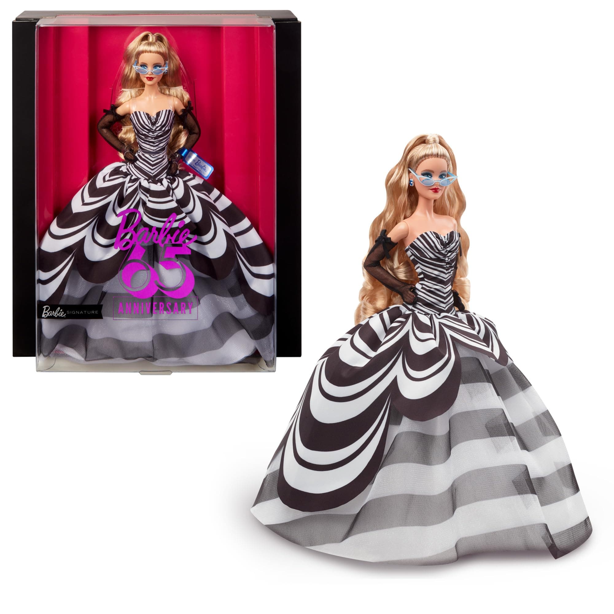 Signature Doll, 65th Anniversary Collectible with Blonde Hair, Black and White Gown, Sapphire Gem Earrings and Sunglasses, HRM58