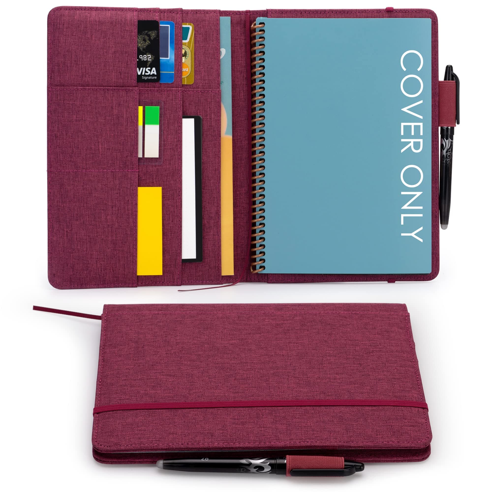 KaitiakiFolio Cover Compatible with Executive Size Notebook, A5 Portfolio Organizer with Pen Loop, Business Card Holder, Waterproof Fabric, Ribbon Bookmark, Fuchsia