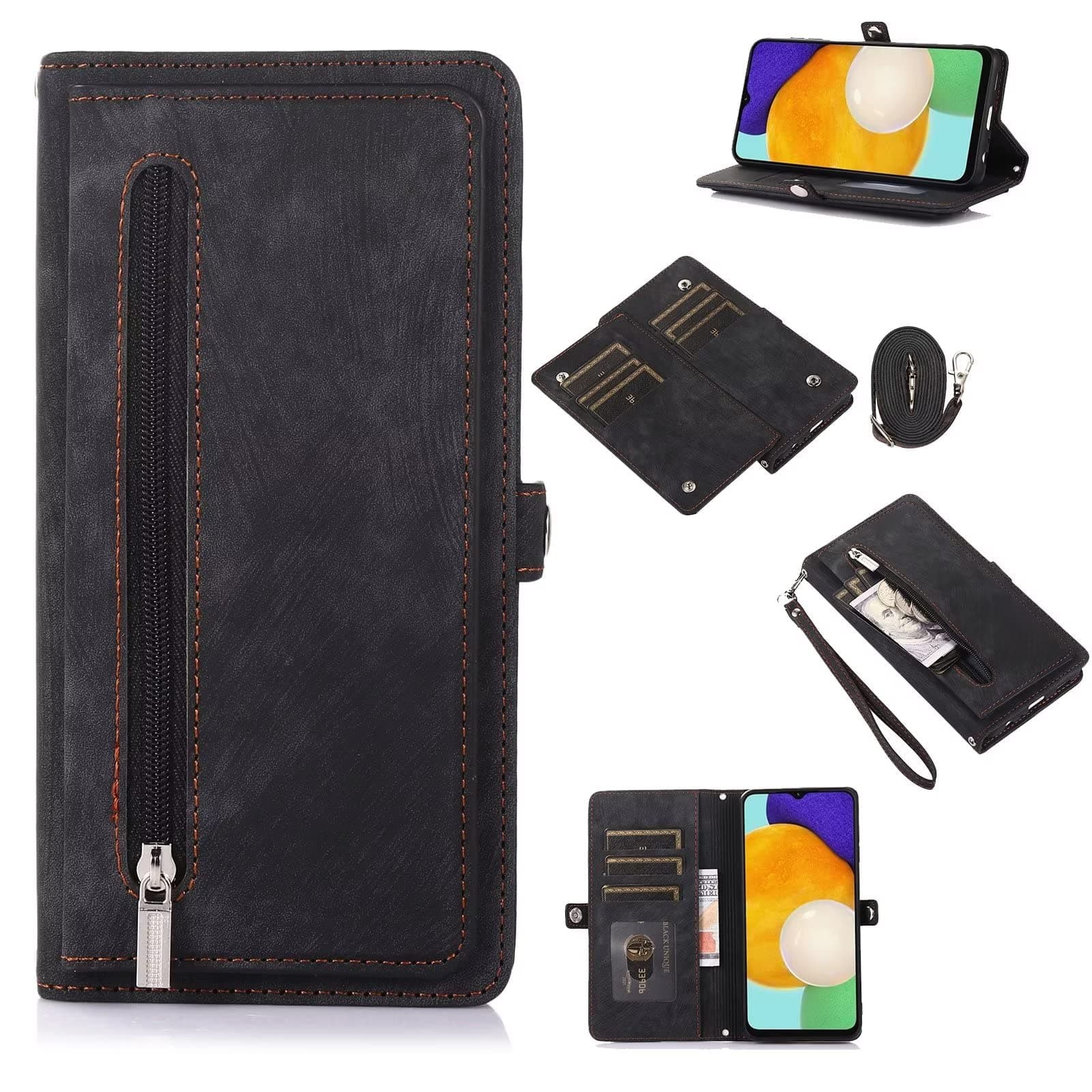 ESONG Case for OPPO RENO 8 PRO 5G,Premium Leather Flip Zipper Wallet Cover with[9 Card Slots][Magnetic Closure][Wrist Strap][Kickstand]Full Body Protection Crossbody Phone Case,black